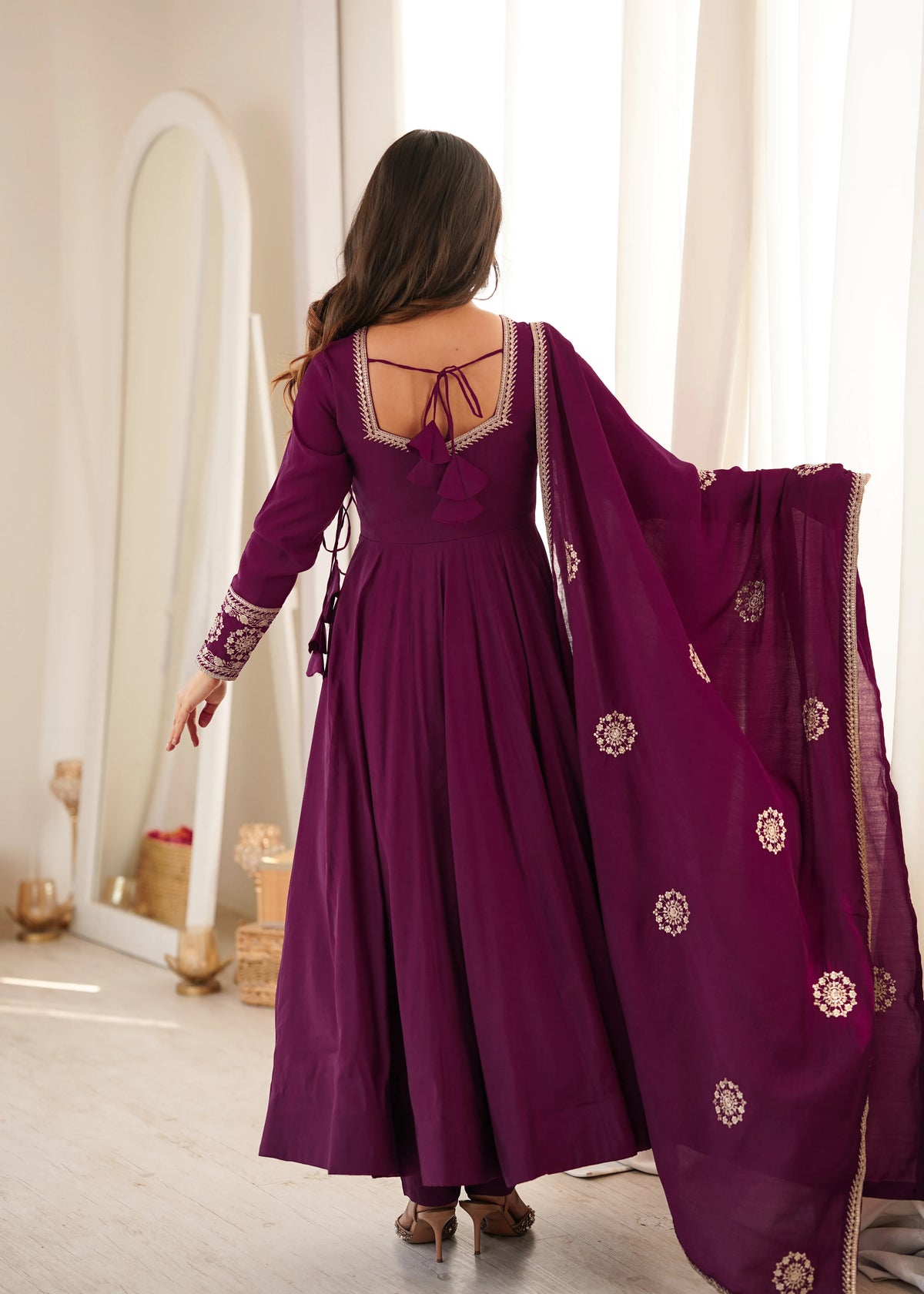 Premium Roman Chanderi Silk Angrakha Style Anarkali with Embroidery, Sequin & Jari Dupatta