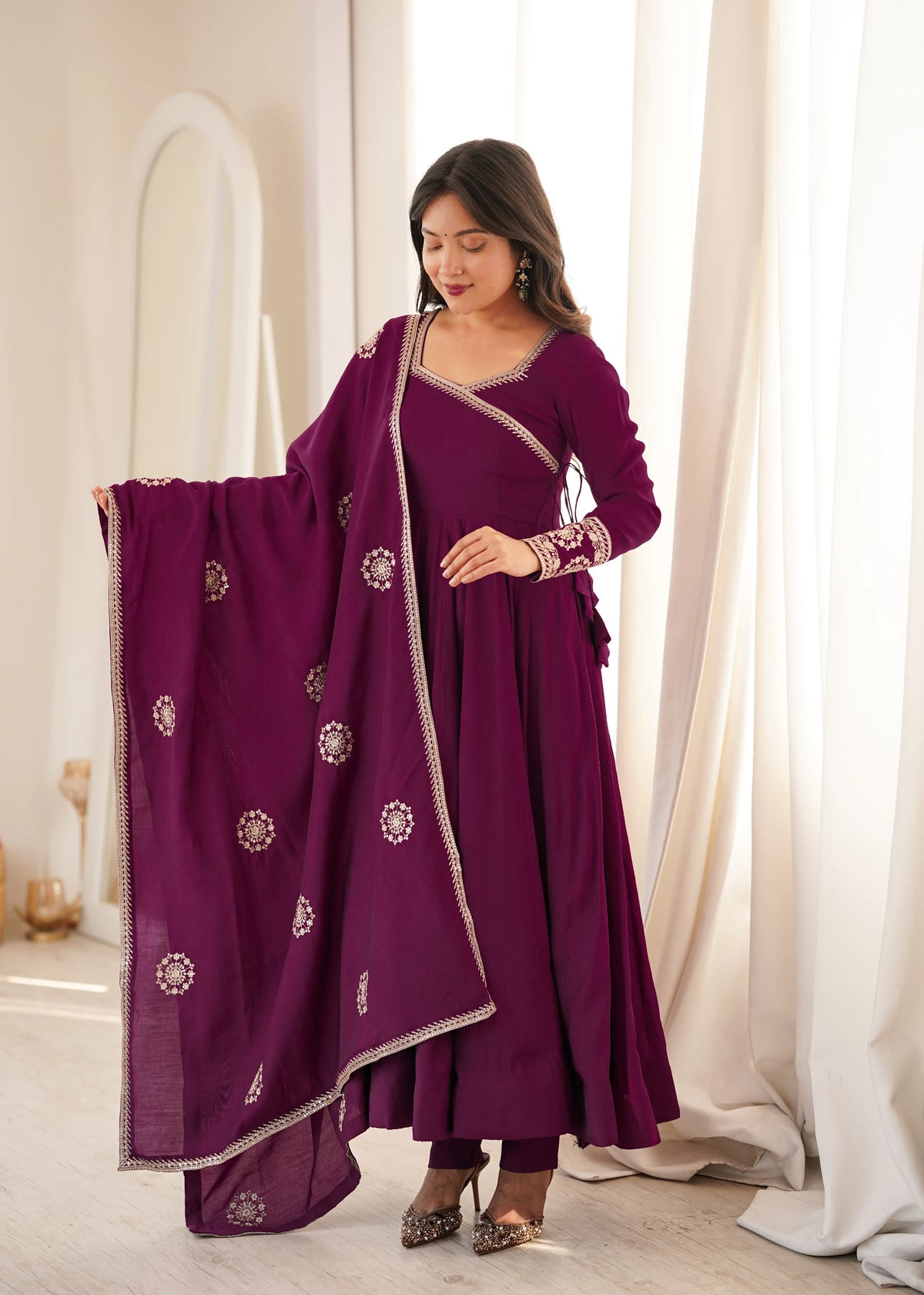 Premium Roman Chanderi Silk Angrakha Style Anarkali with Embroidery, Sequin & Jari Dupatta