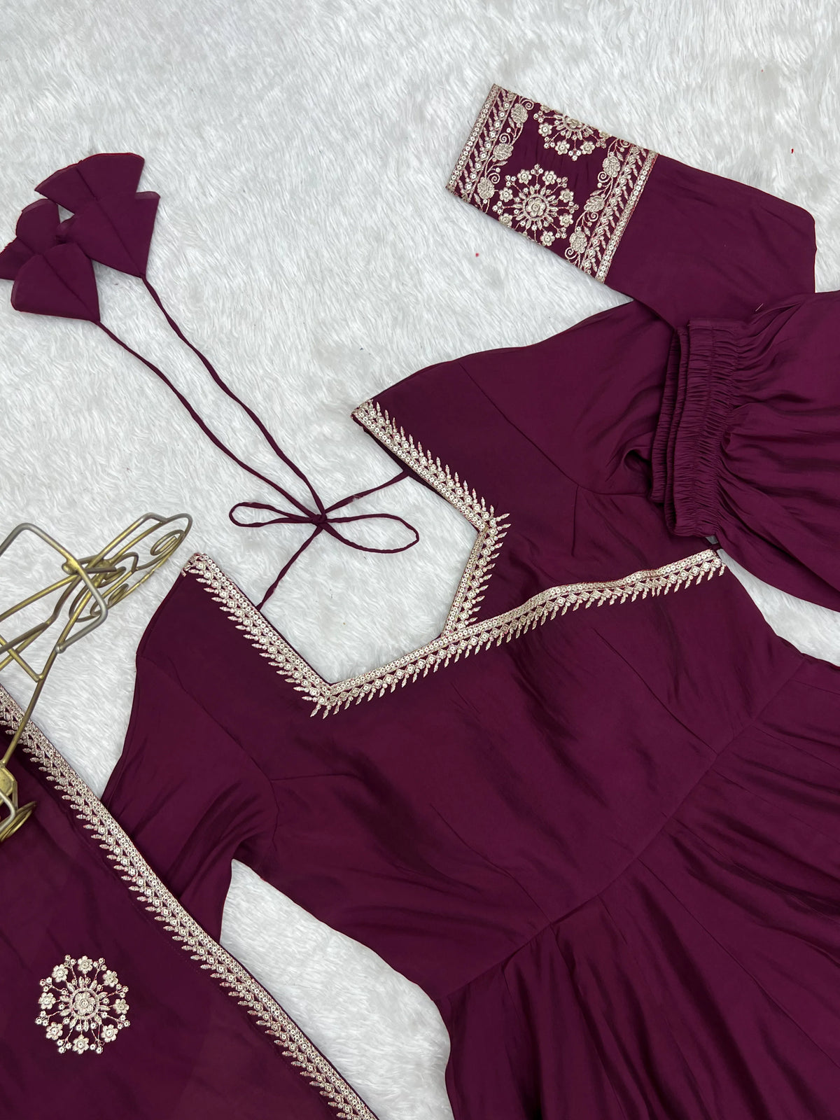 Premium Roman Chanderi Silk Angrakha Style Anarkali with Embroidery, Sequin & Jari Dupatta