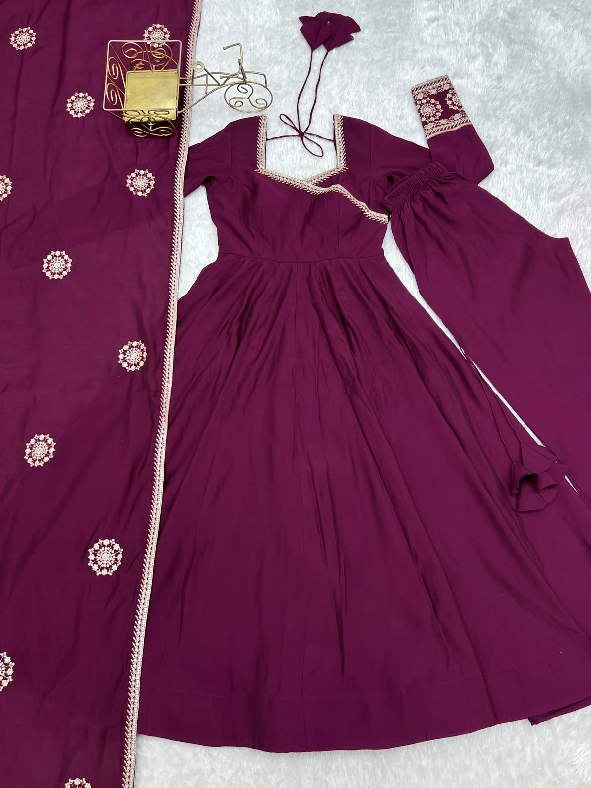 Premium Roman Chanderi Silk Angrakha Style Anarkali with Embroidery, Sequin & Jari Dupatta