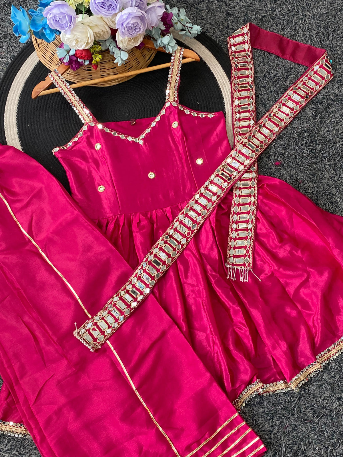 Premium Soft Chinon Palazzo Set with Original Mirror Work, Gota Patti & Stylish Belt