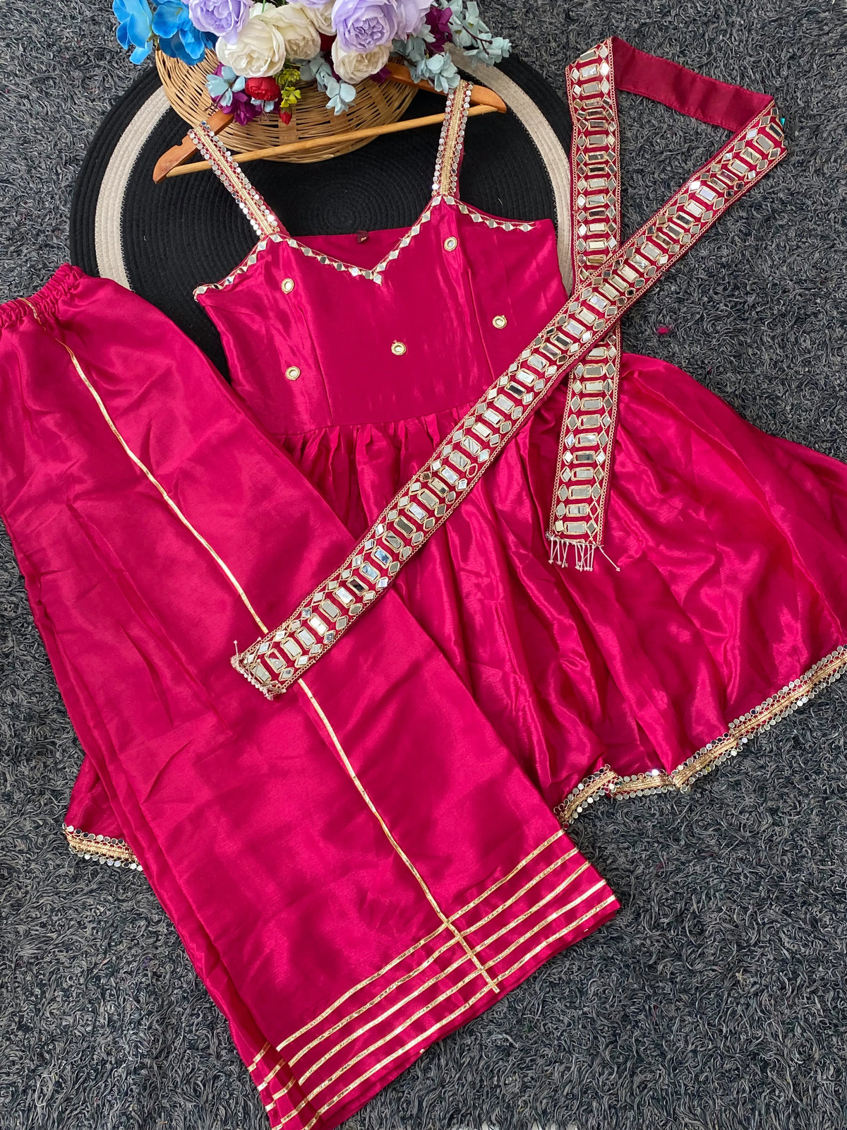 Premium Soft Chinon Palazzo Set with Original Mirror Work, Gota Patti & Stylish Belt