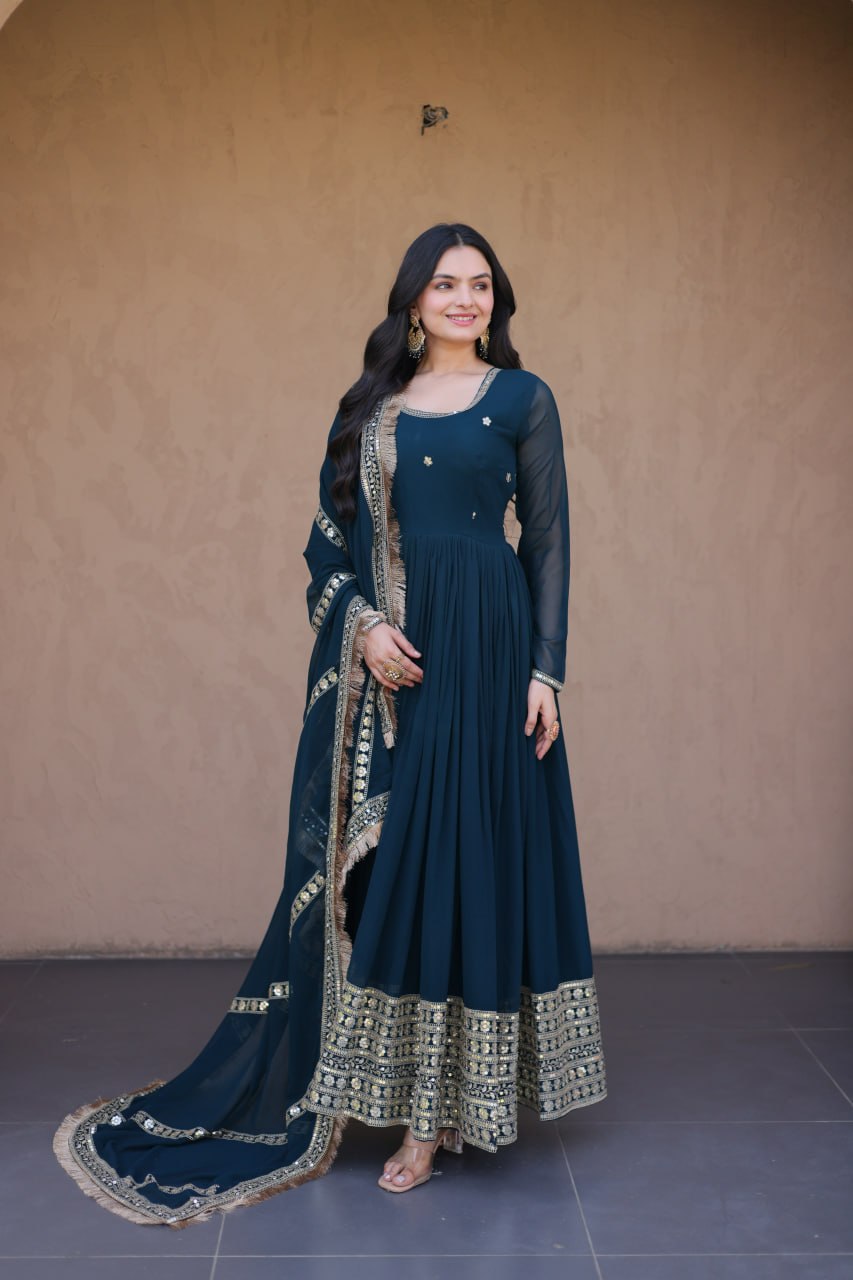 Premium Faux Blooming Embroidered Gown with Dupatta