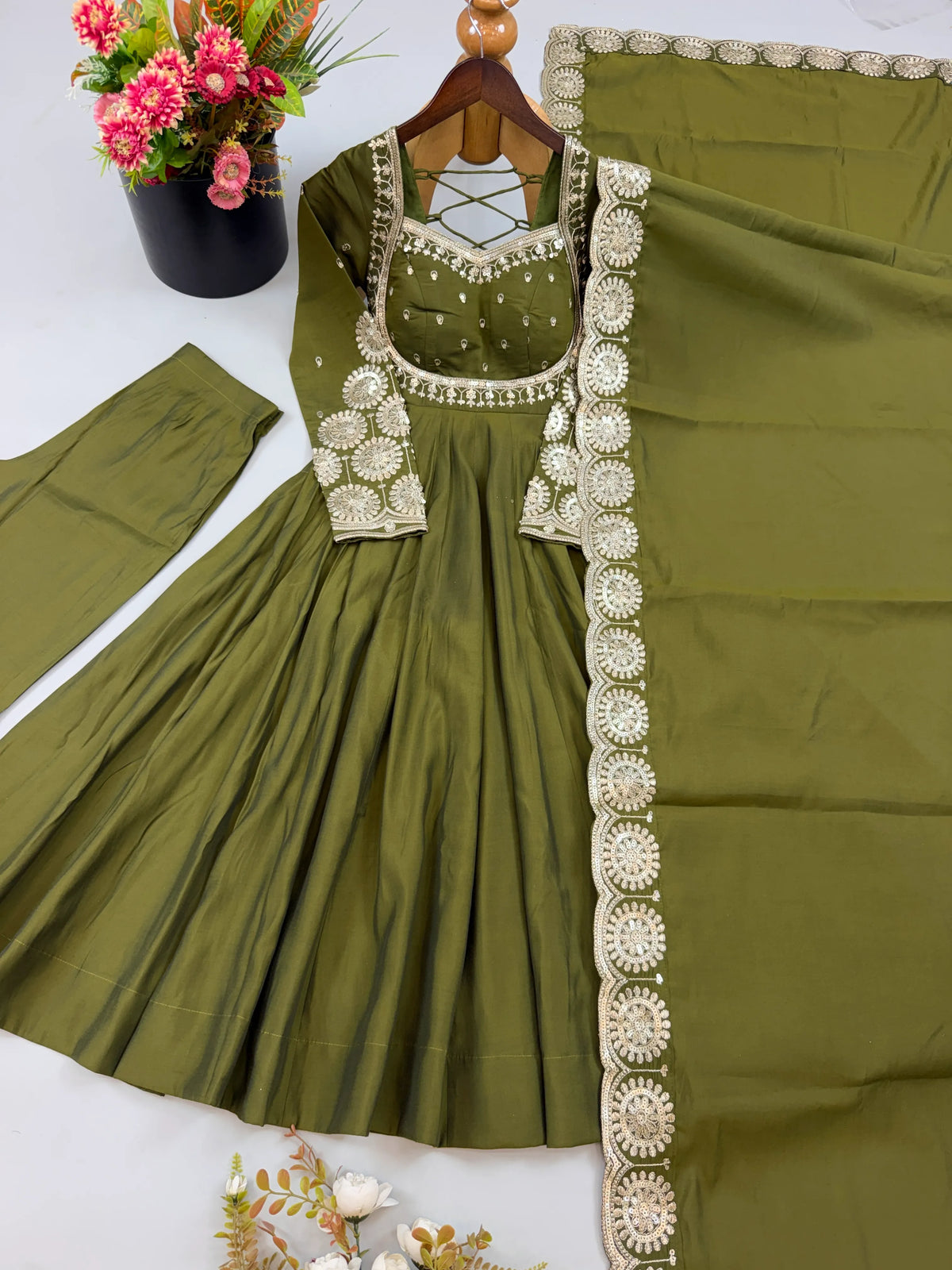 Premium Roman Silk Anarkali Gown with Embroidery & Sequin Work