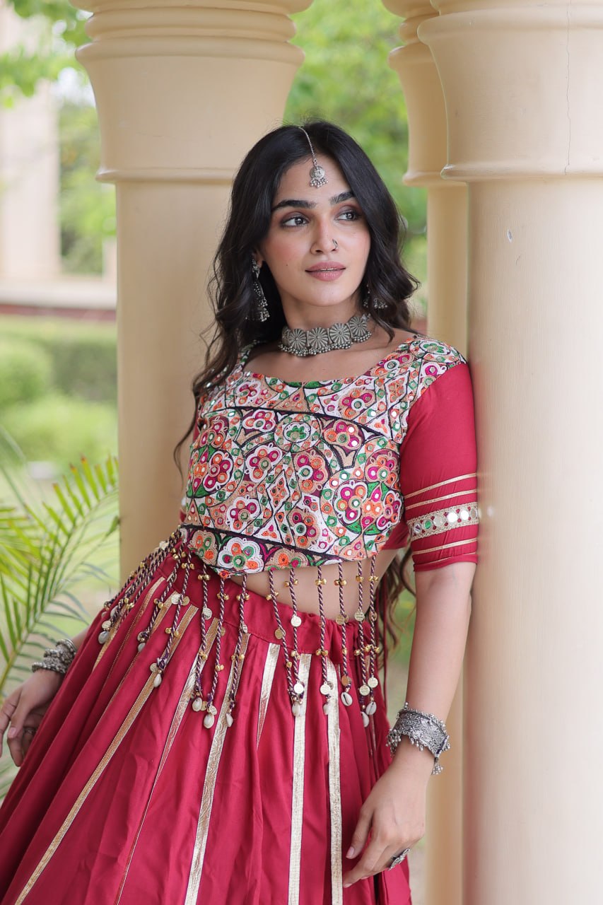 Reyon Navratri Lehenga Choli with Gota Patti Lace, Gamthi Embroidery & Real Mirror Work