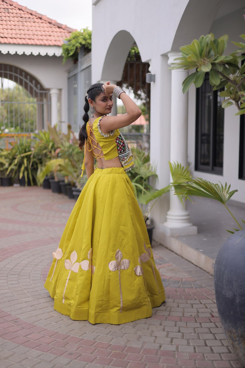 Premium Roman Silk Navratri Lehenga Choli with Pan-Patti Gota & Mirror Lace Work