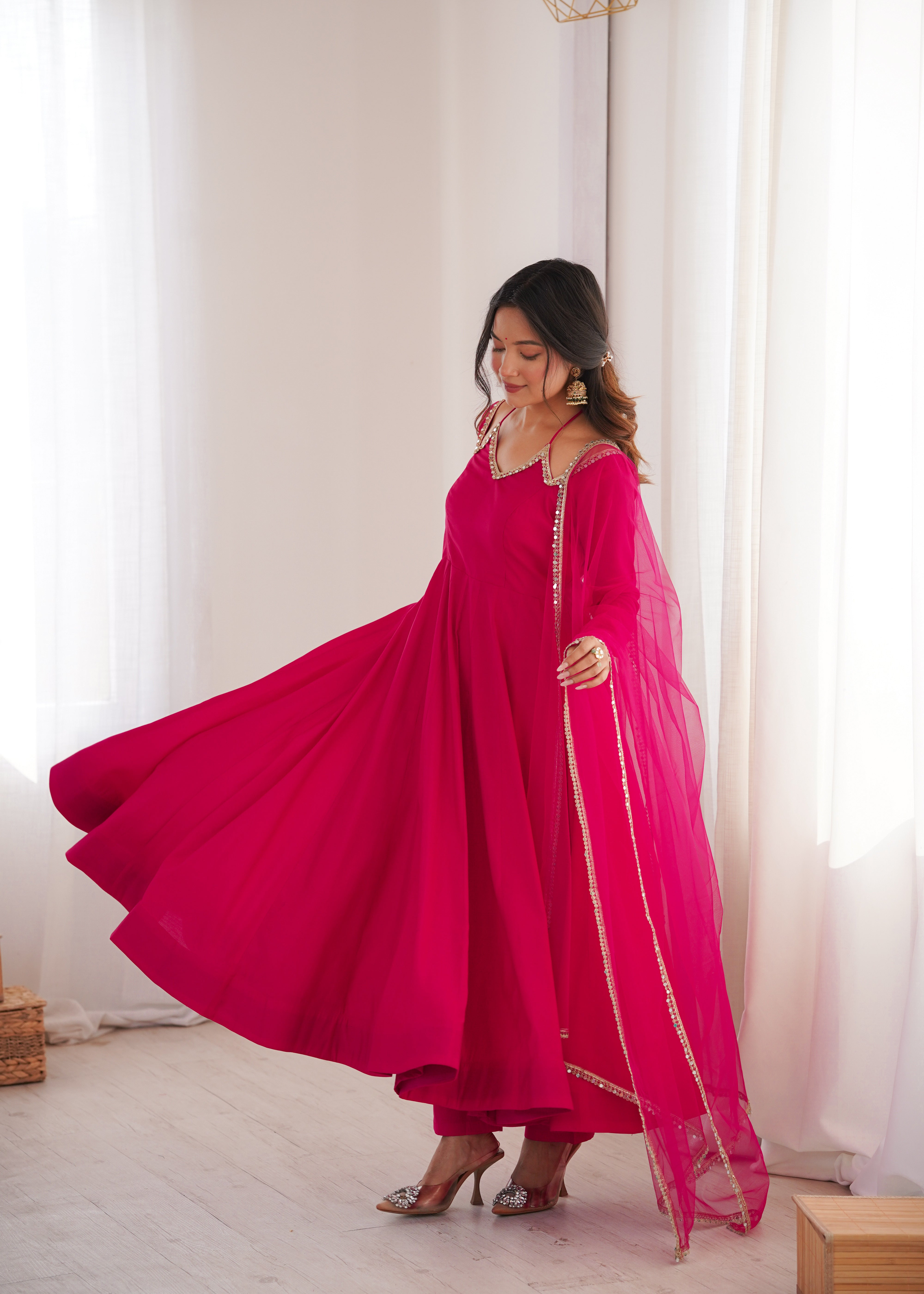 Premium Roman Silk Chanderi Anarkali Gown Set with Dupatta & Pant