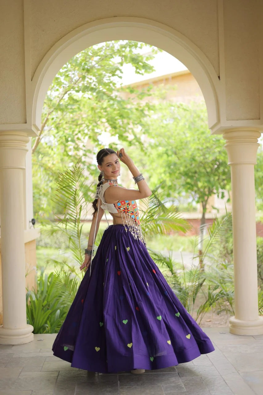 Premium Cora Cotton Navratri Lehenga Choli with Heart Thread Embroidery & Gamthi Mirror Work