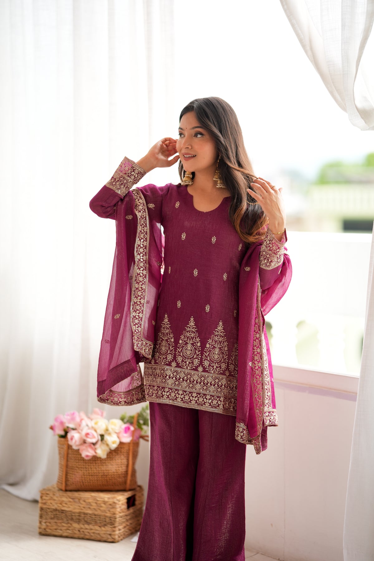 Premium Crunchy Silk Top & Bell Bottom Pant Set with Embroidery, Sequin & Jari Work