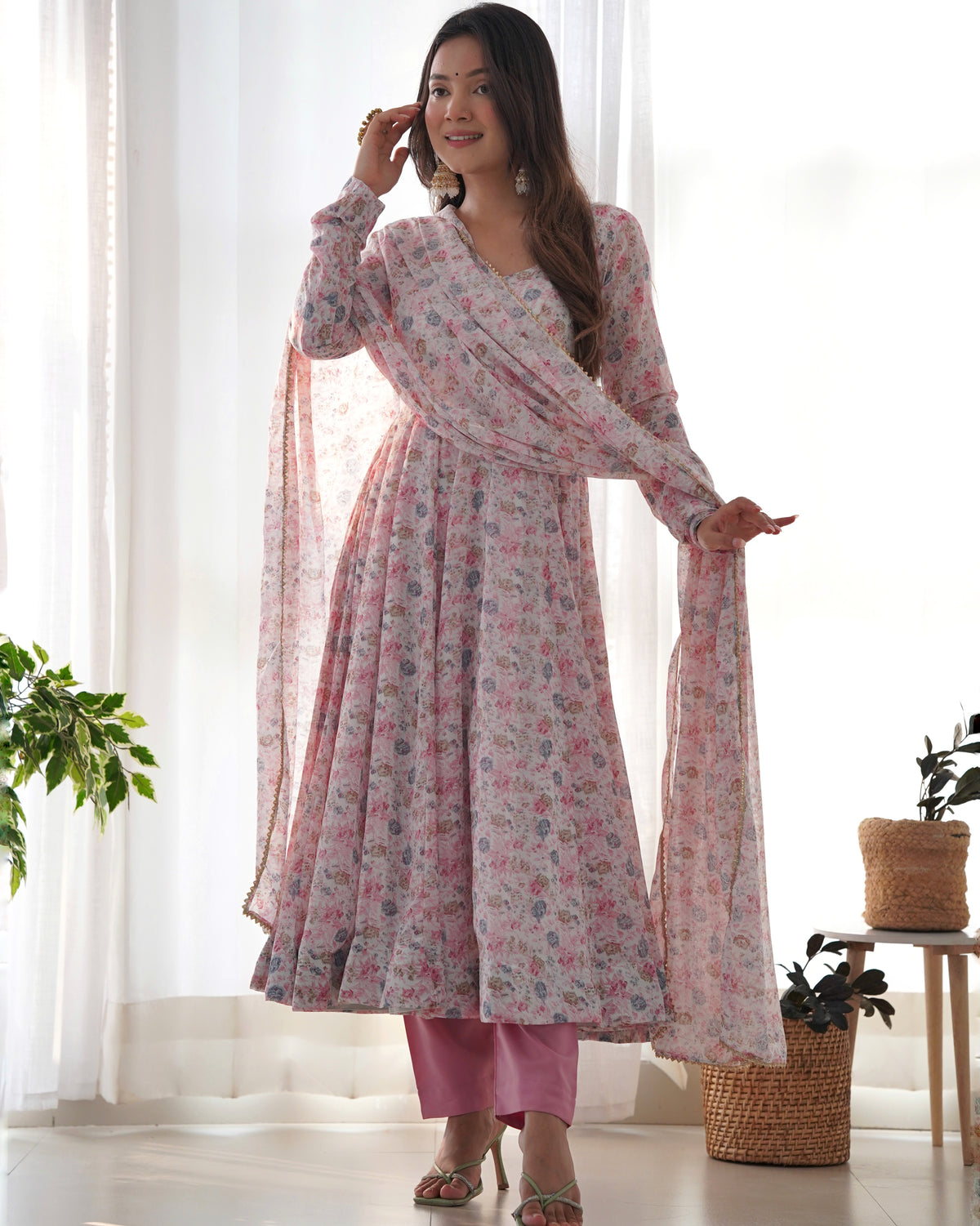 Premium Orange Chiffon Floral Print Anarkali Suit with Potli Buttons, Padded Design & Lace Dupatta