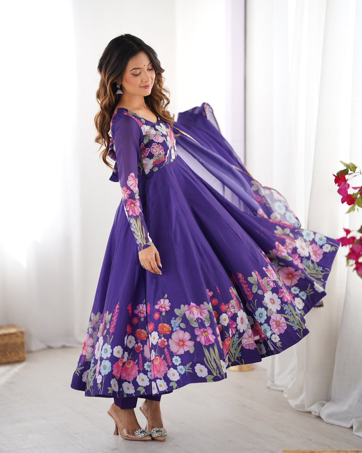 Premium Organza Silk Printed Anarkali Suit Set with Badla Jari & Gota Patti Work