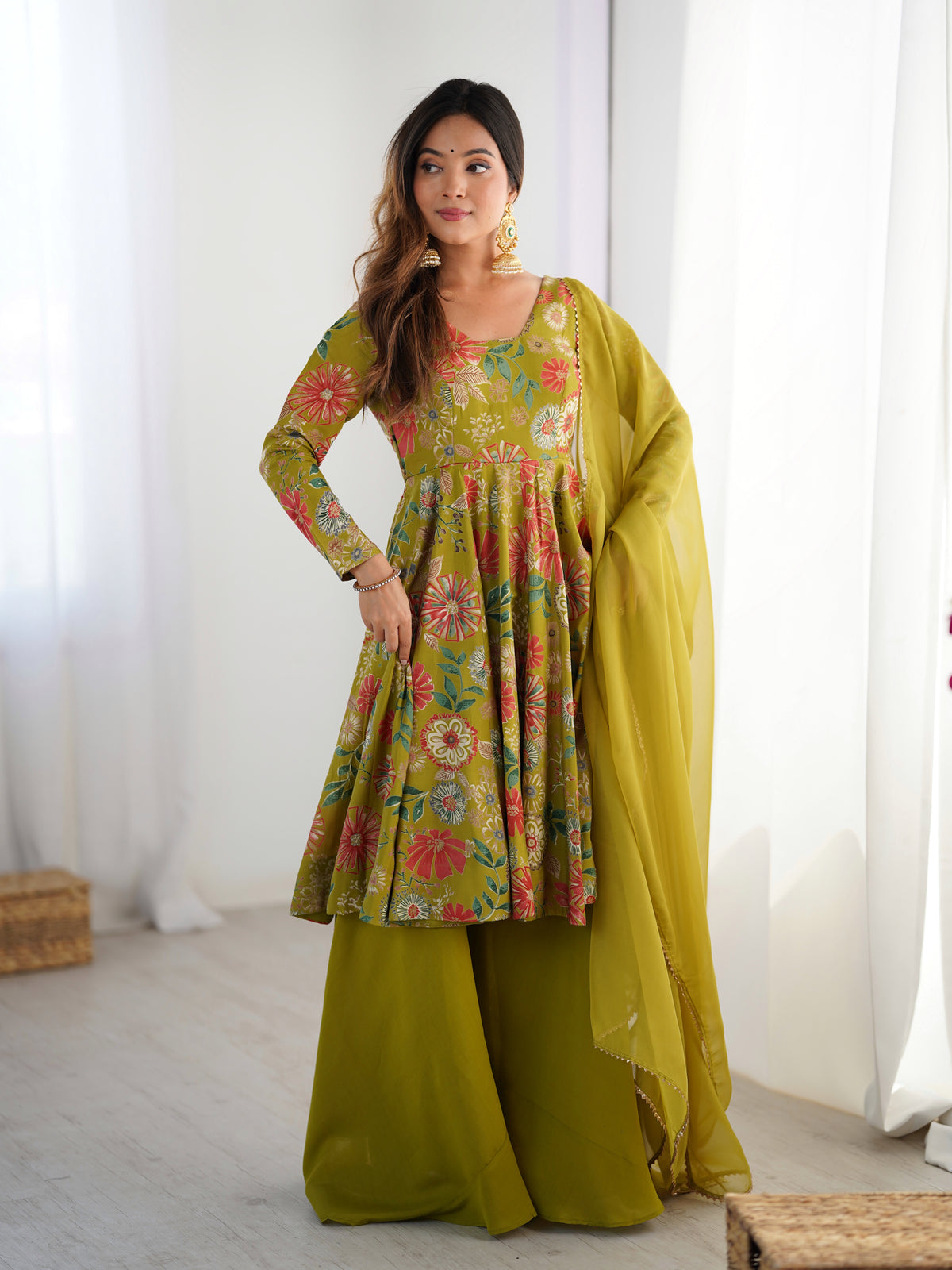 Premium Roman Silk Chanderi Discharge Print Kediya Kurta Set with Organza Dupatta & Palazzo