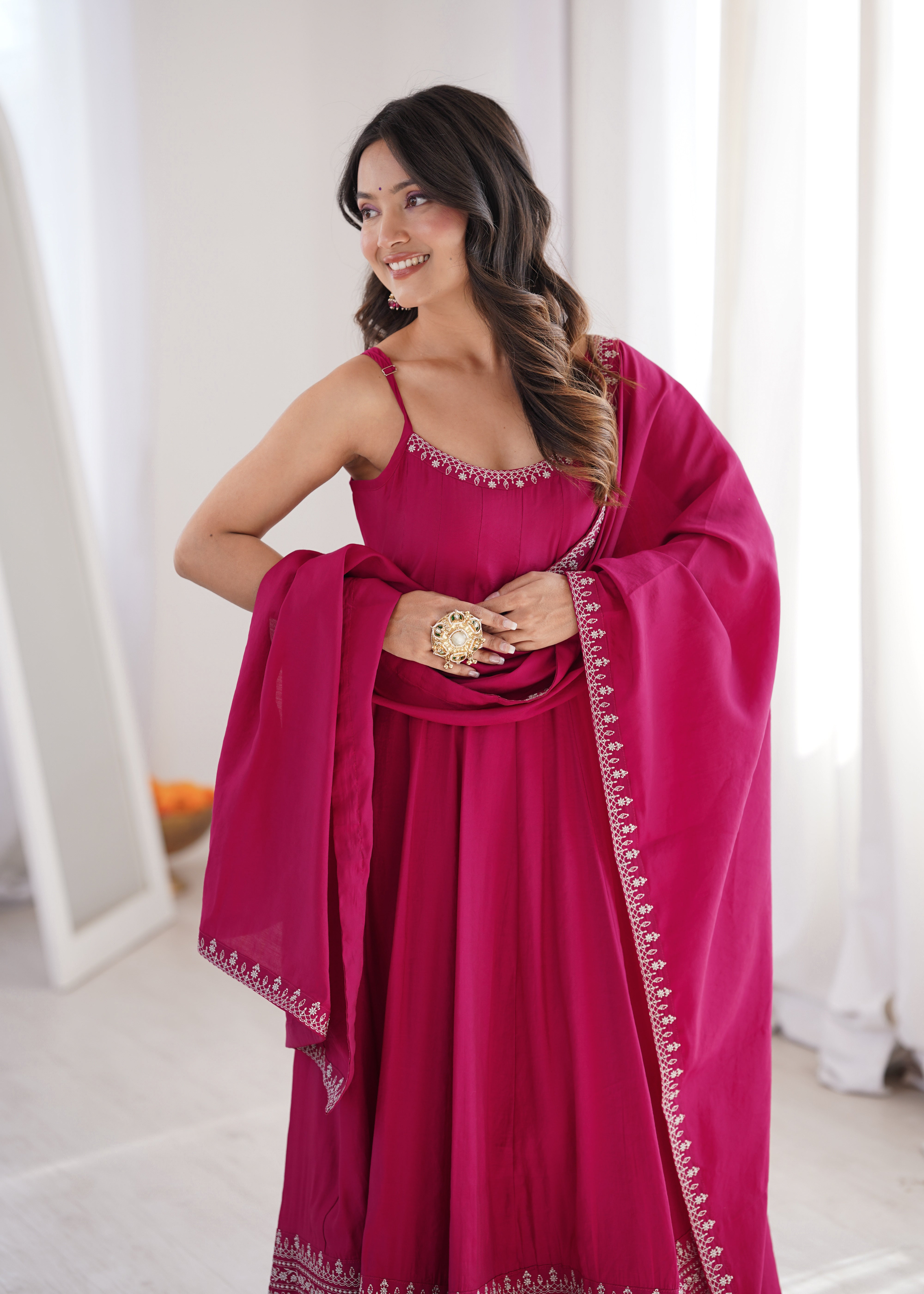 Premium Pure Romansilk Chanderi Flared Anarkali Gown Set