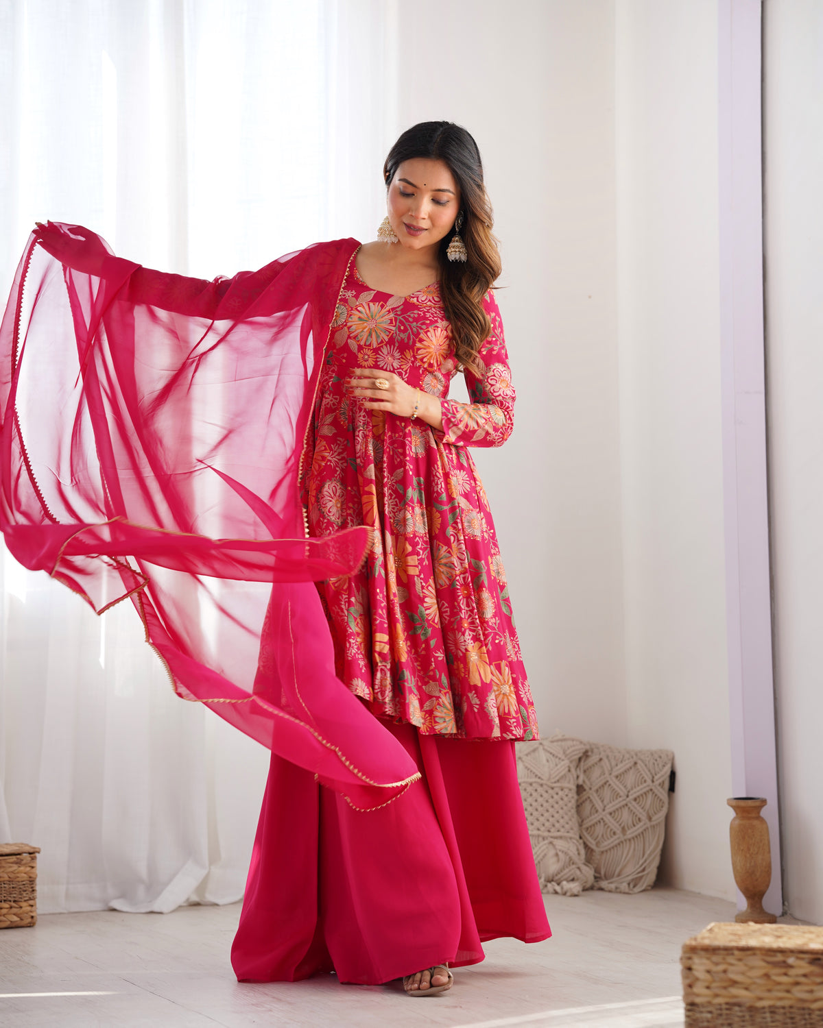 Premium Roman Silk Chanderi Discharge Print Kediya Kurta Set with Organza Dupatta & Palazzo