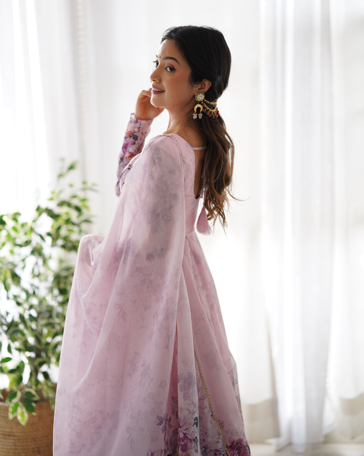 Premium Organza Silk Printed Anarkali Gown with Kali Flare, Canvas Patta & Gota Patti Dupatta