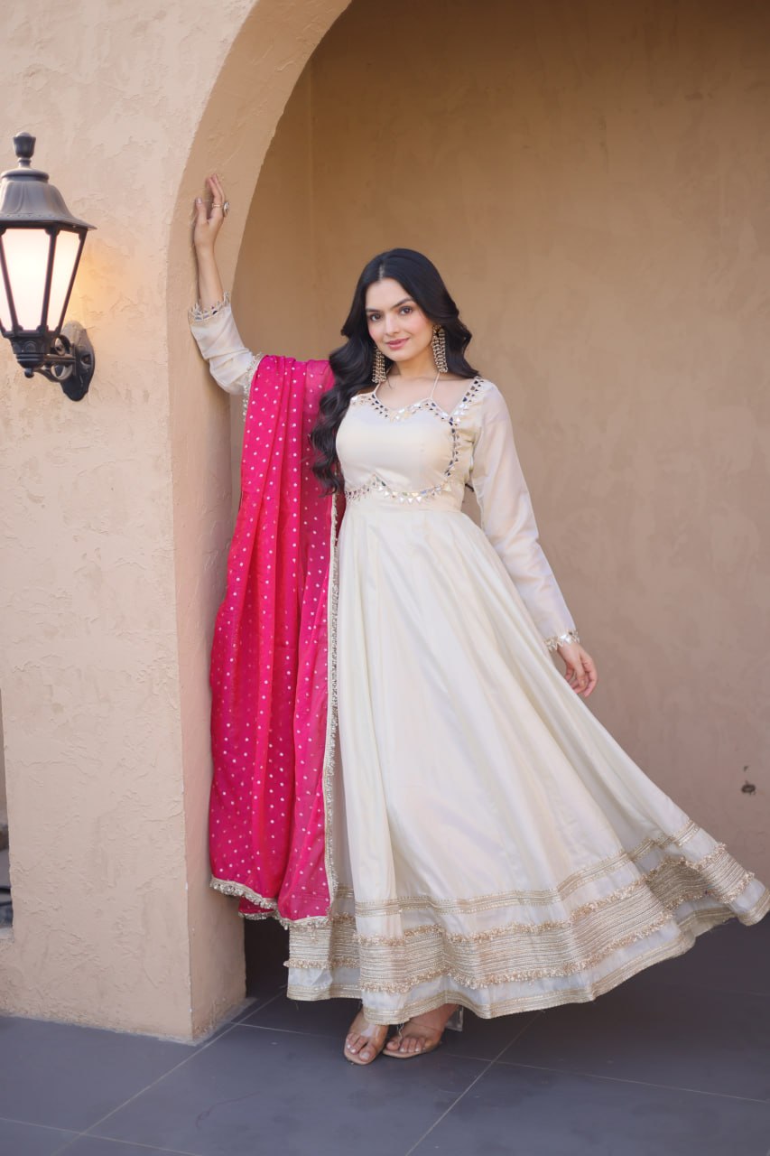 Premium Cosmos Real Mirror Work Gown with Dupatta