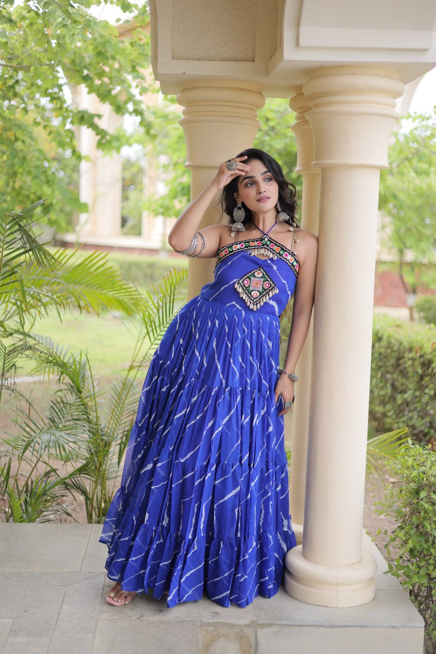 Premium Faux Georgette Navratri Gown with Laheriya Print & Kutchi Patchwork