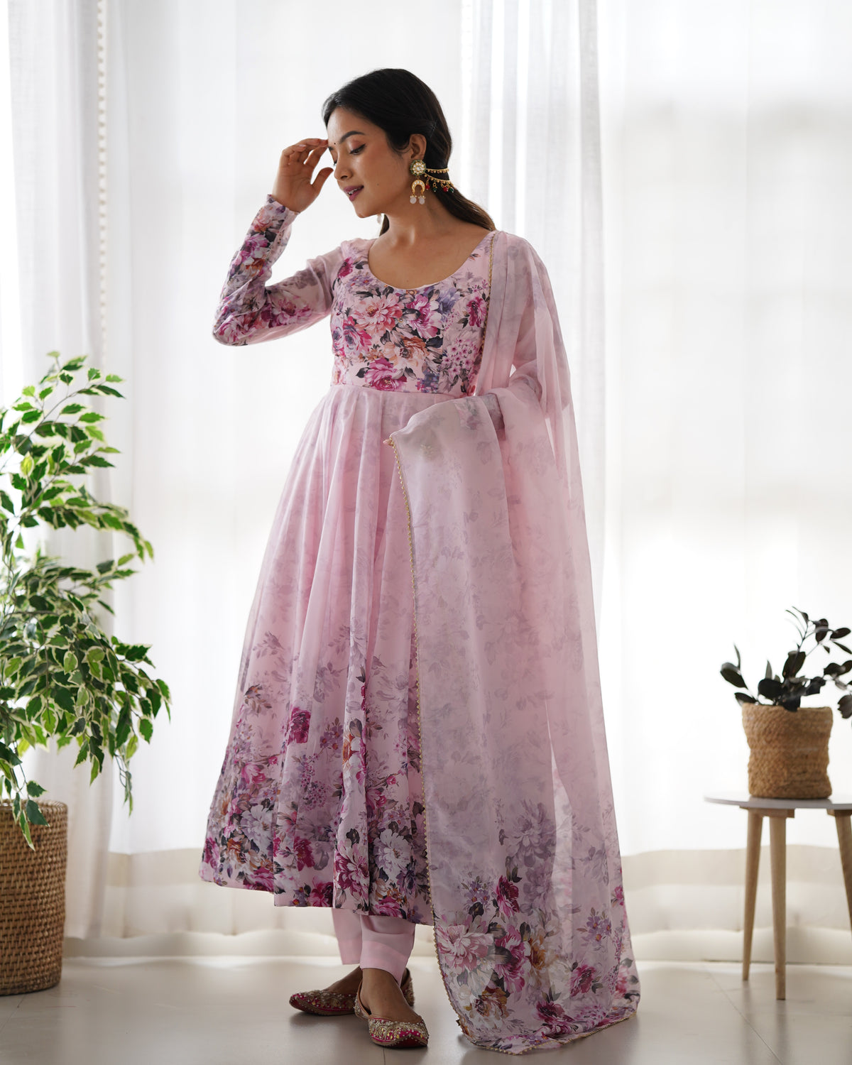 Premium Organza Silk Printed Anarkali Gown with Kali Flare, Canvas Patta & Gota Patti Dupatta