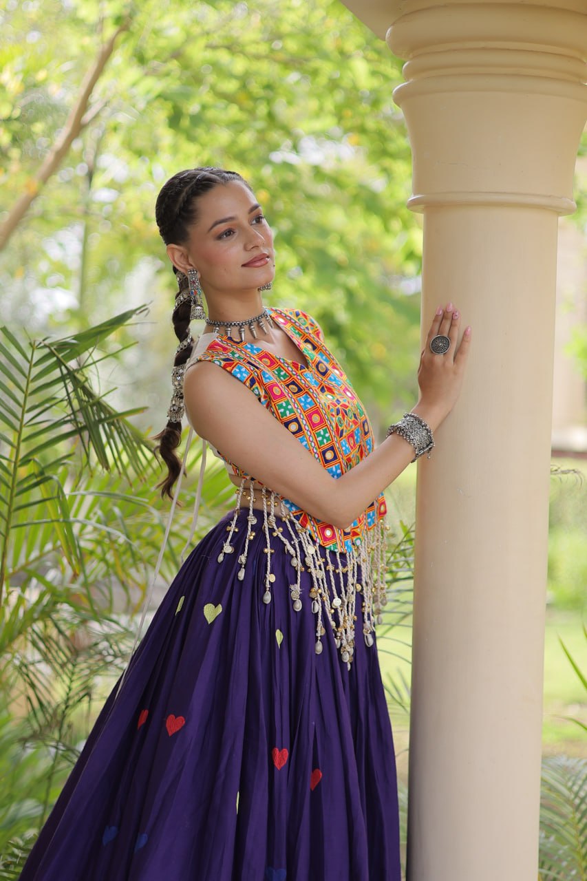 Premium Cora Cotton Navratri Lehenga Choli with Heart Thread Embroidery & Gamthi Mirror Work