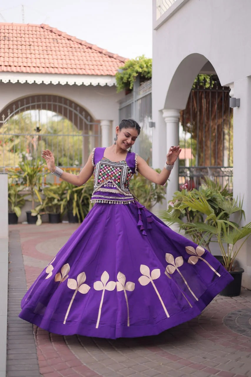 Premium Roman Silk Navratri Lehenga Choli with Pan-Patti Gota & Mirror Lace Work