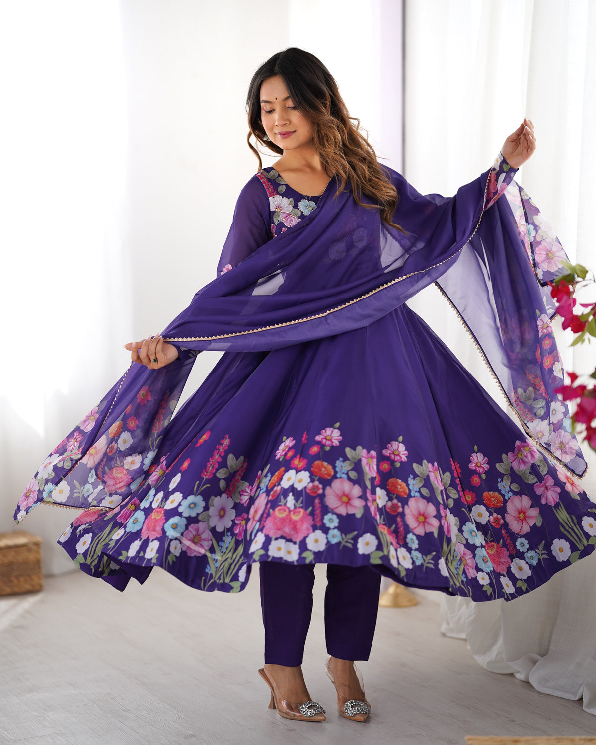 Premium Organza Silk Printed Anarkali Suit Set with Badla Jari & Gota Patti Work