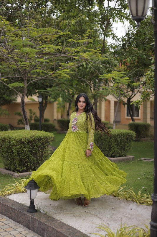 Premium Faux Georgette Navratri Gown with Laheriya Print & Kutchi Patchwork