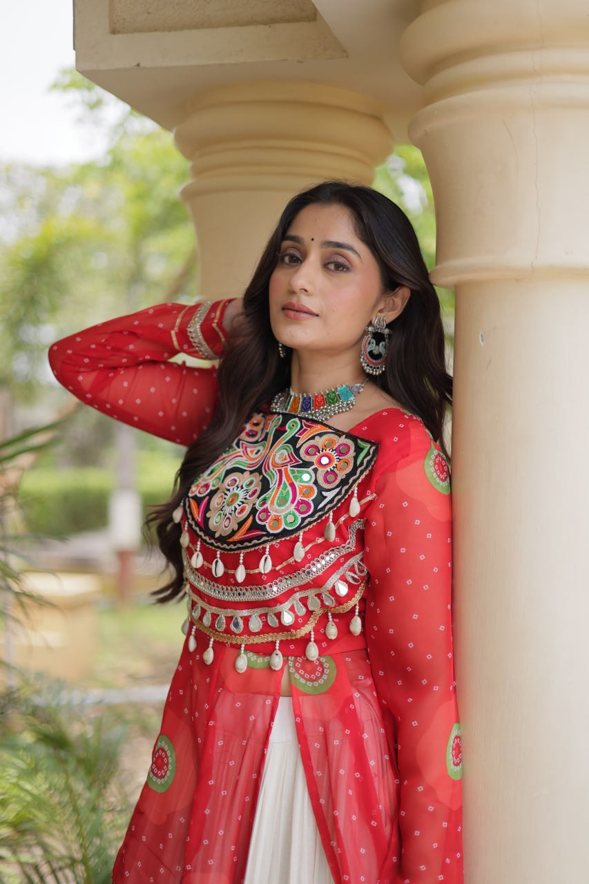 Premium Kora Cotton Navratri Lehenga with Bandhani Print & Kutchi Patchwork Kurti
