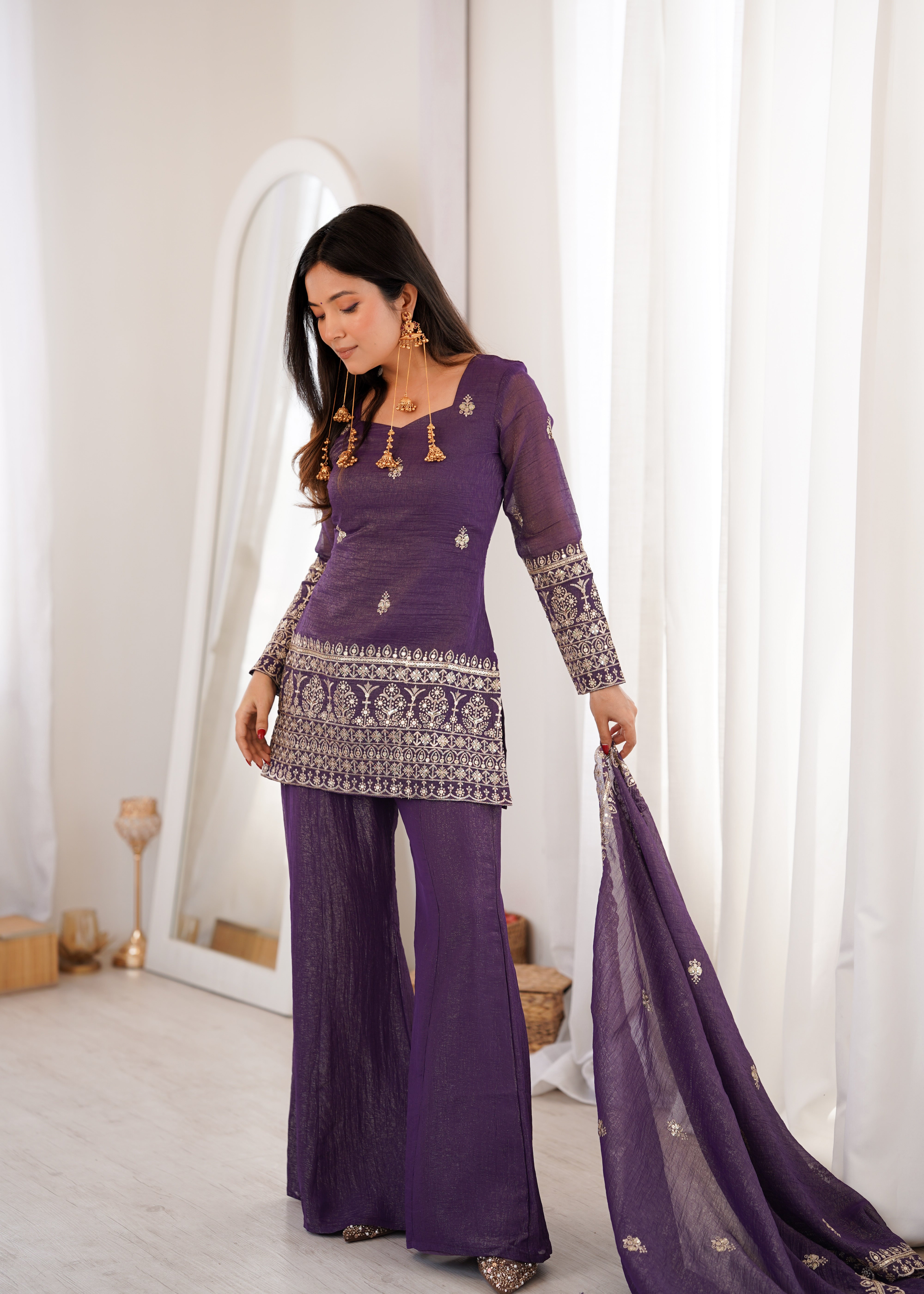 Premium Crunchy Silk Embroidered Bell Bottom Set