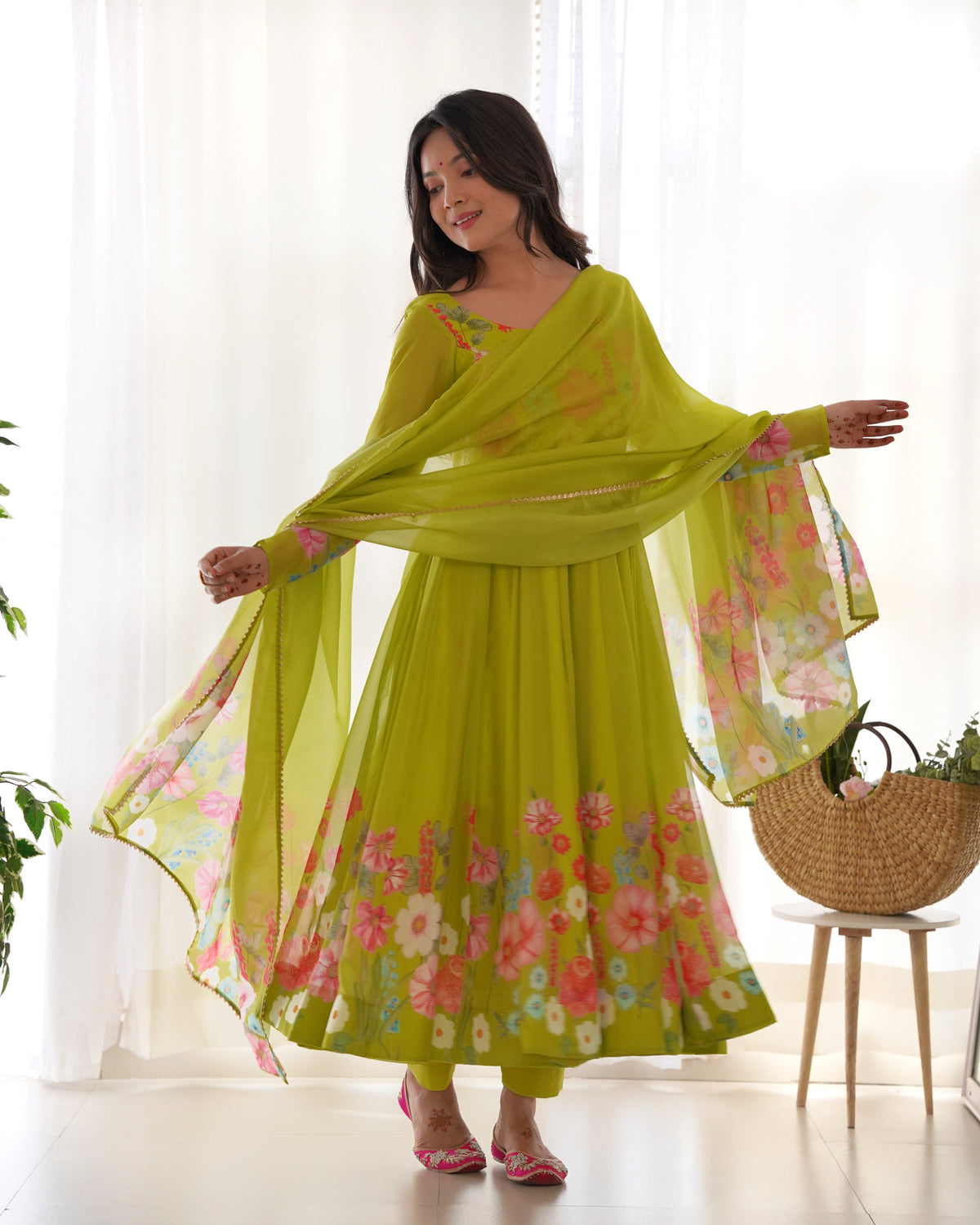 Premium Organza Silk Printed Anarkali Suit Set with Badla Jari & Gota Patti Work