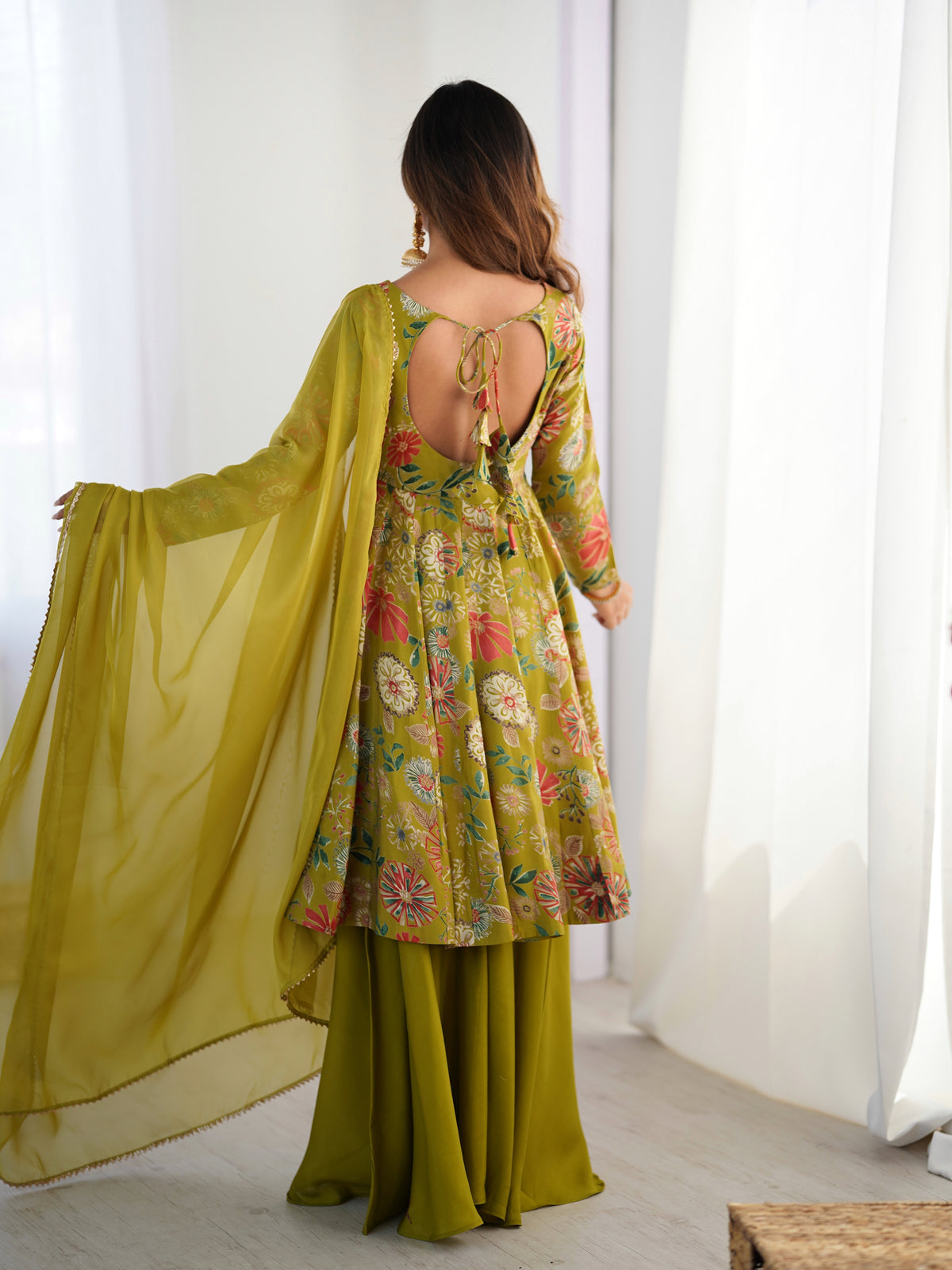 Premium Roman Silk Chanderi Discharge Print Kediya Kurta Set with Organza Dupatta & Palazzo