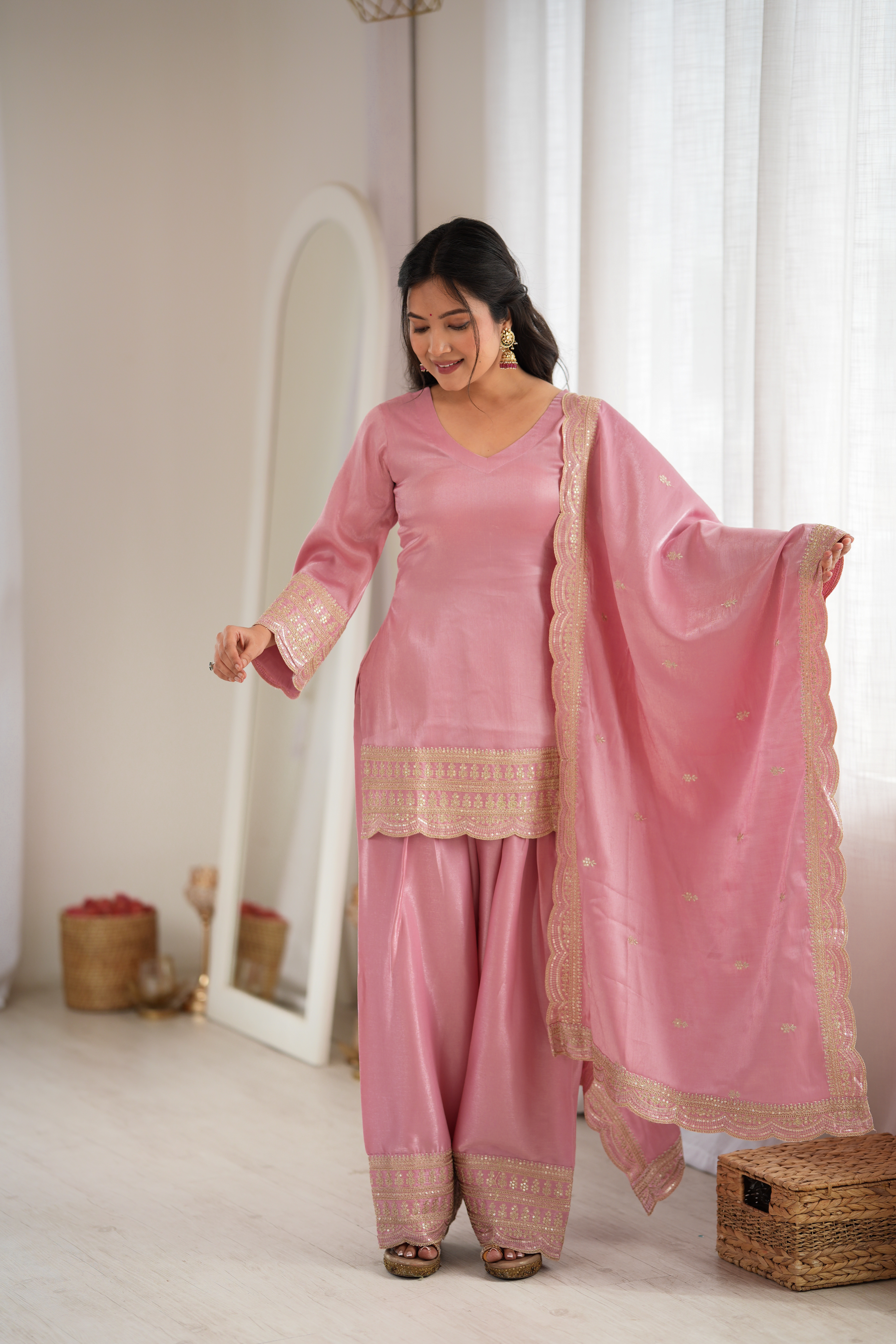 Premium Glass Roman Silk Embroidered Farshi Shalwar Set with Dupatta