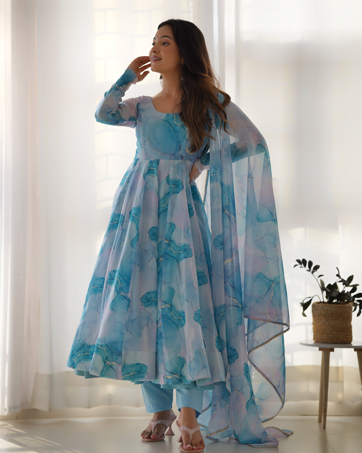 Premium Organza Silk Marble Print Anarkali Gown with Kali Flare, Canvas Patta & Gota Patti Dupatta