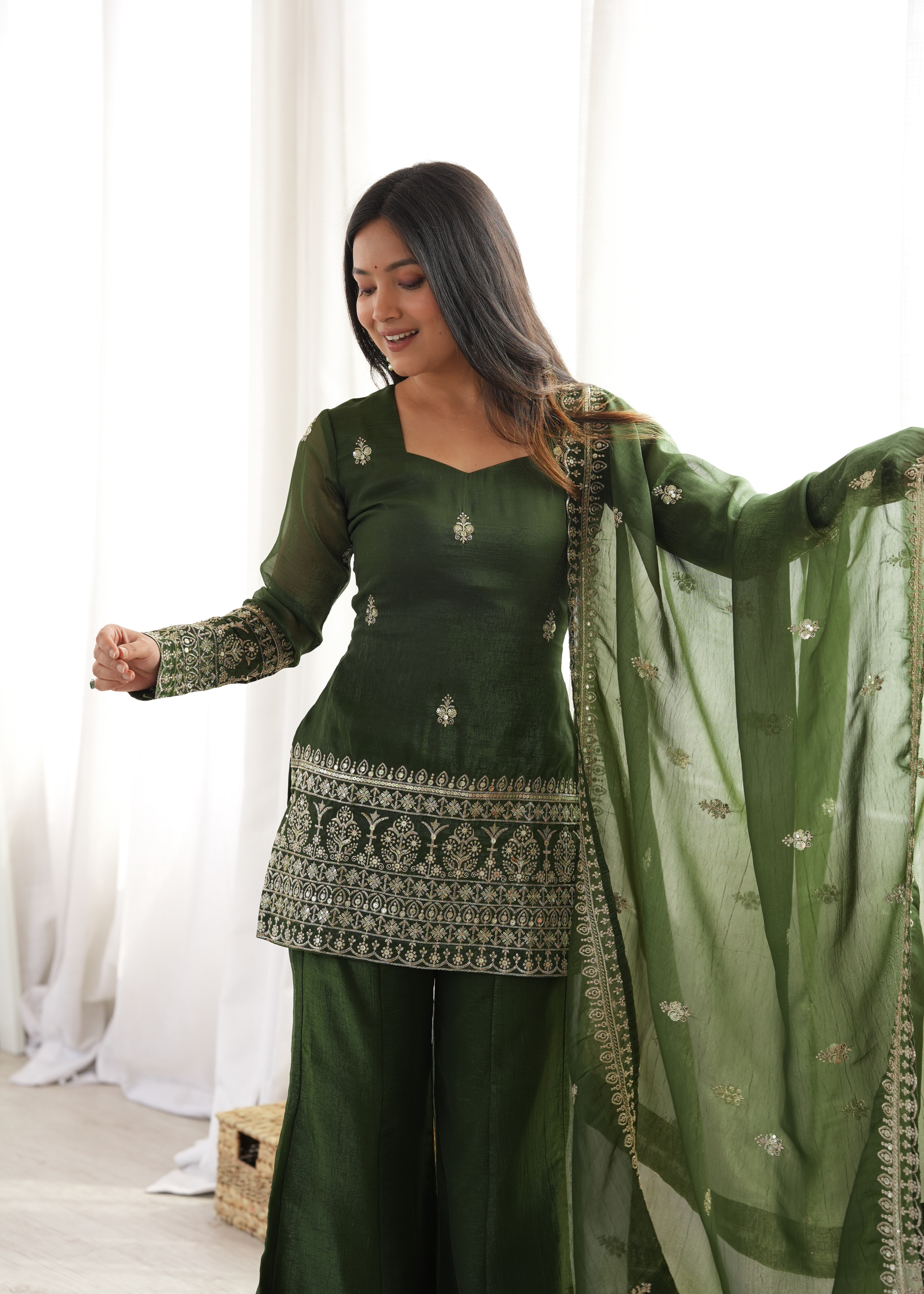 Premium Crunchy Silk Embroidered Bell Bottom Set