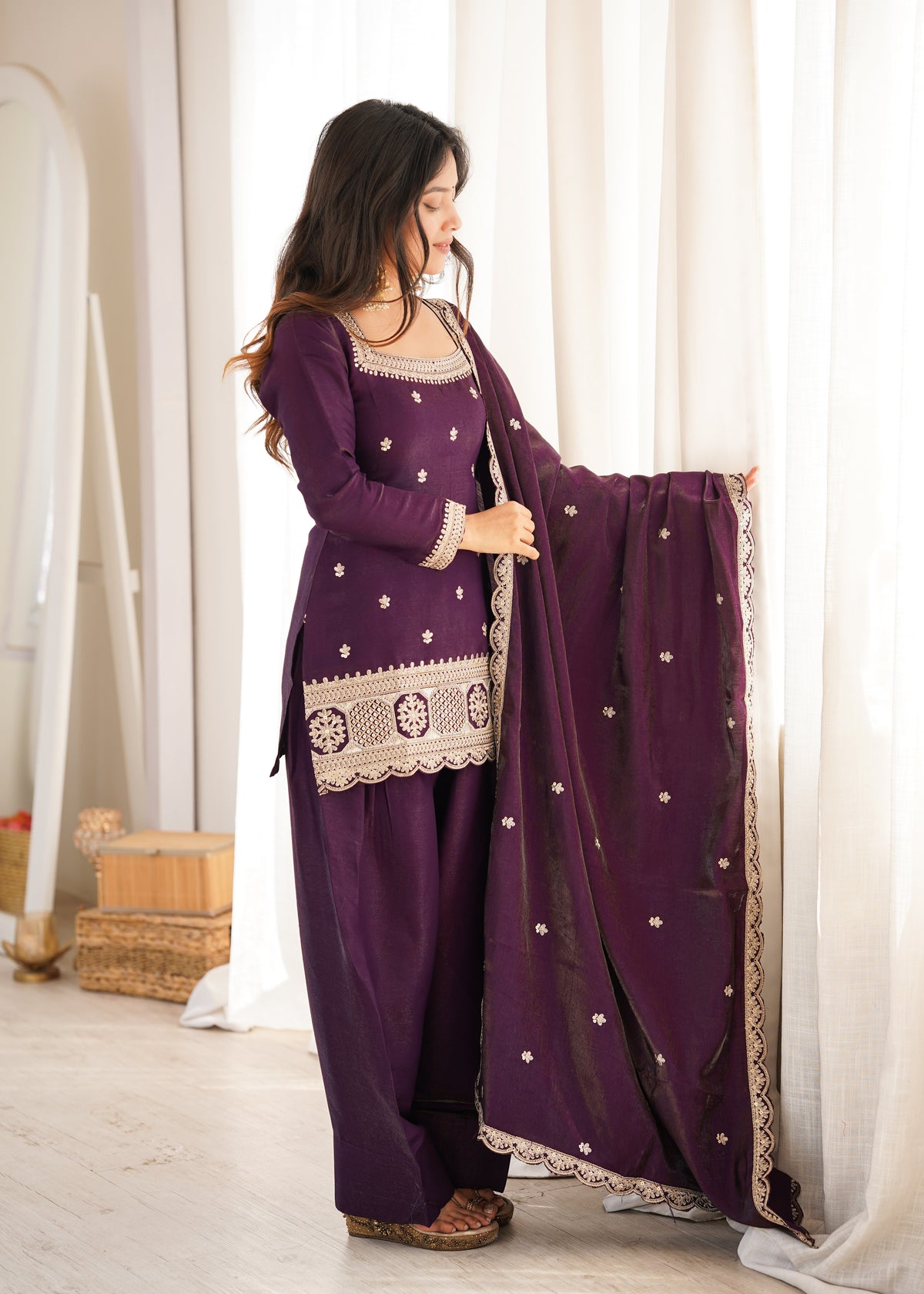 Premium Glass Roman Silk Top & Farshi Shalwar Set with Embroidery, Sequin, Dori & Jari Work