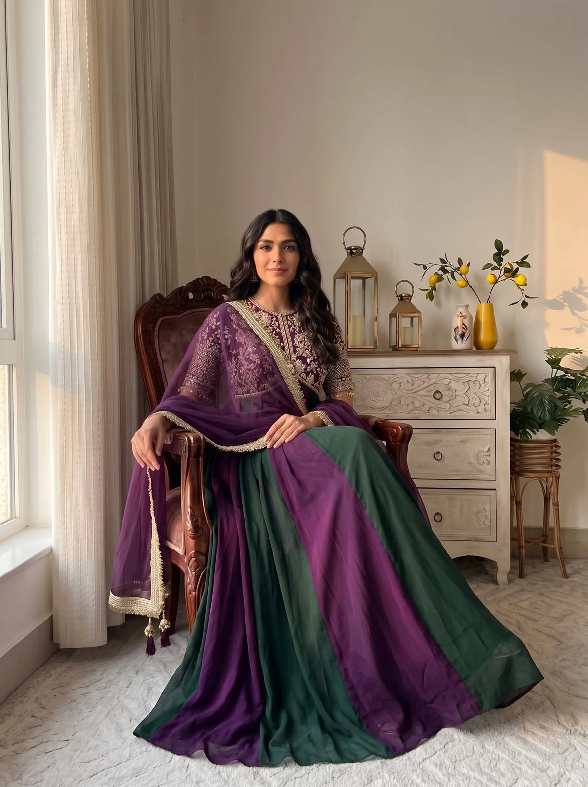 Premium NC Moss Silk Gown with Embroidery, Beads & Tassel Sleeves