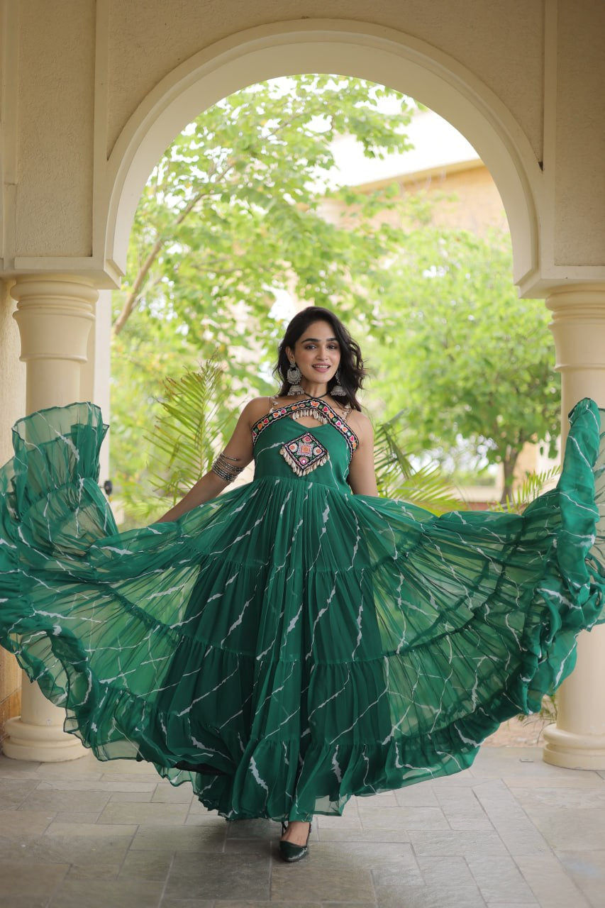 Premium Faux Georgette Navratri Gown with Laheriya Print & Kutchi Patchwork