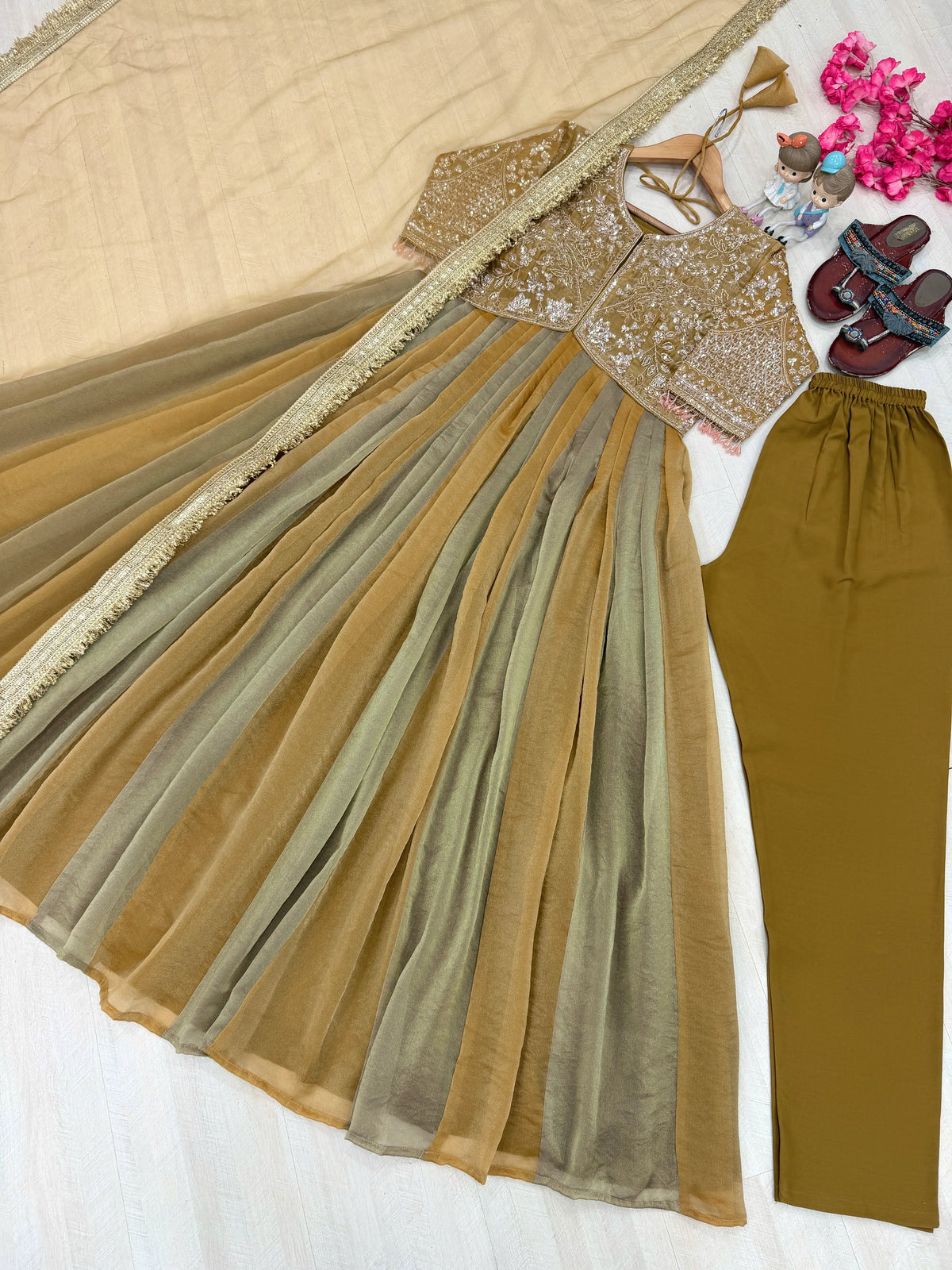 Premium NC Moss Silk Gown with Embroidery, Beads & Tassel Sleeves