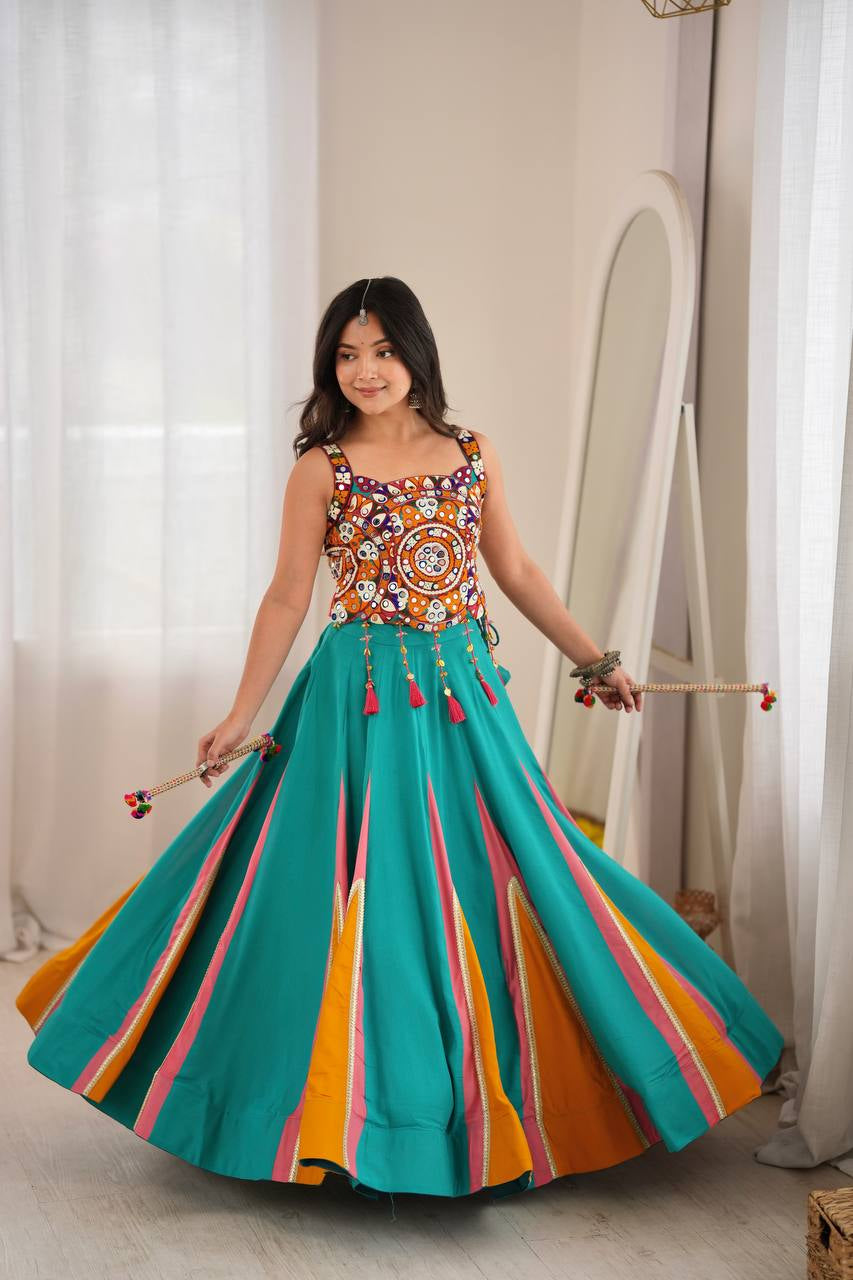 Premium Heavy Rayon Lehenga Choli with Fancy Lagdi Patta Lace & Real Mirror Work