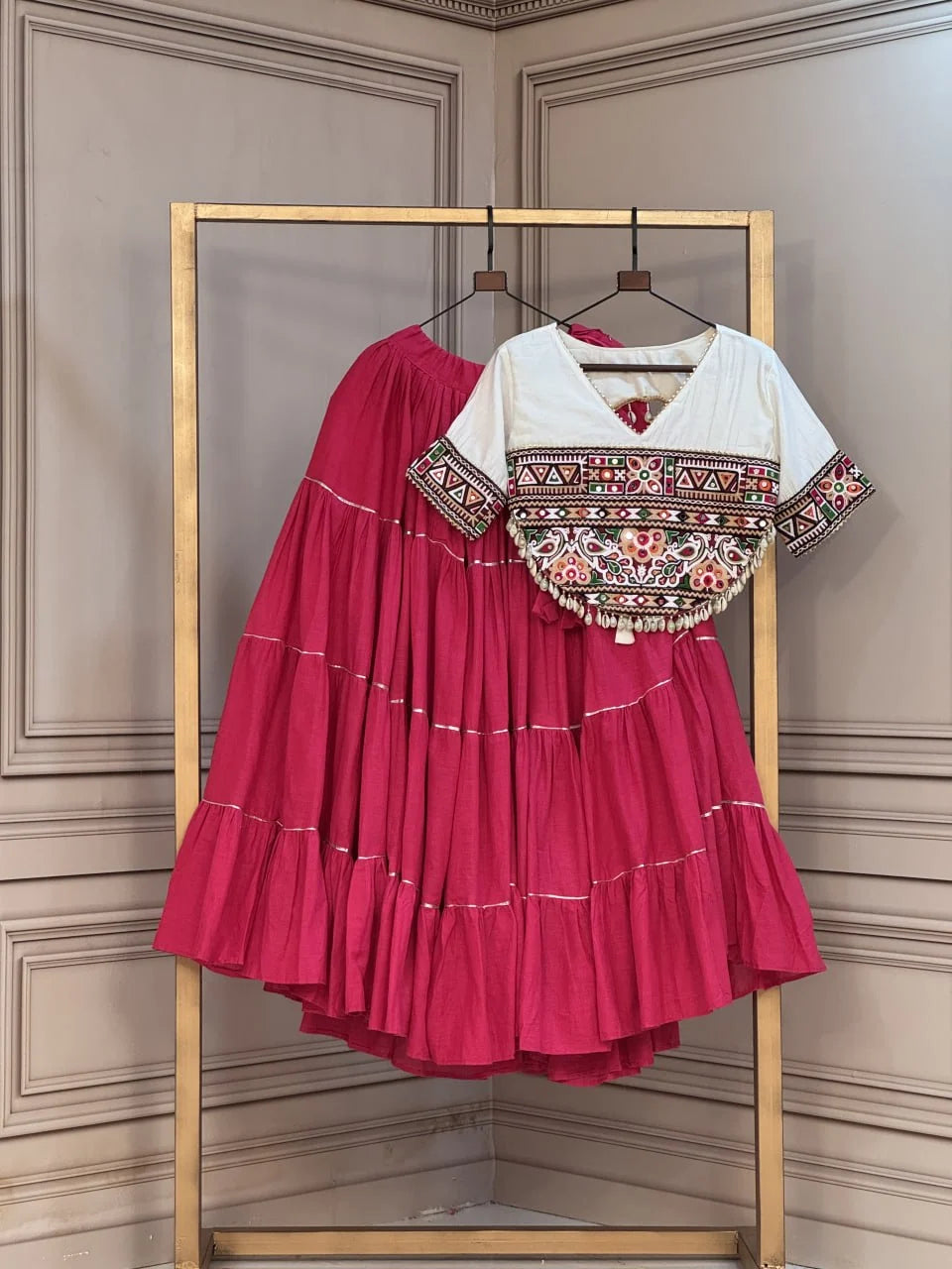 Premium Kora Cotton Navratri Lehenga Choli with Standard Frill & Kutchi Patchwork Blouse