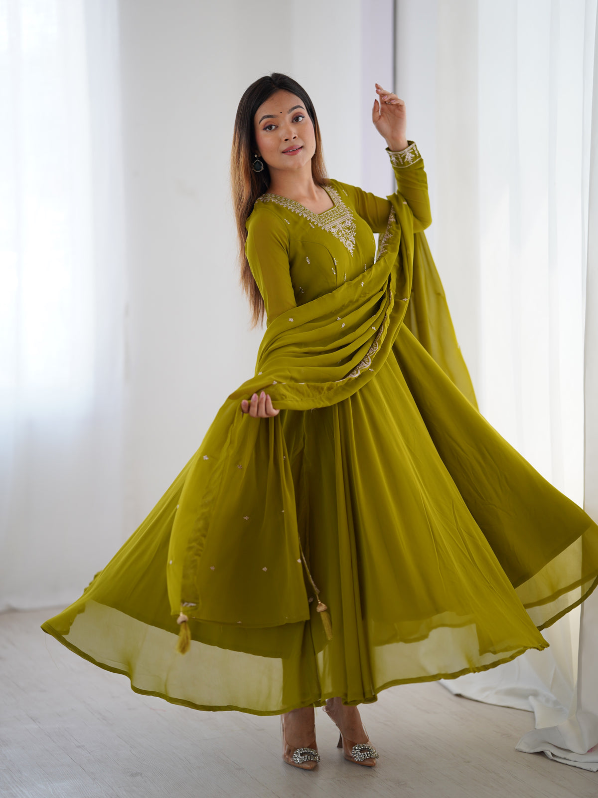 Premium Fox Georgette Anarkali Suit with Beads, Jari Work, 6.5 Meter Flair & Embellished Dupatta