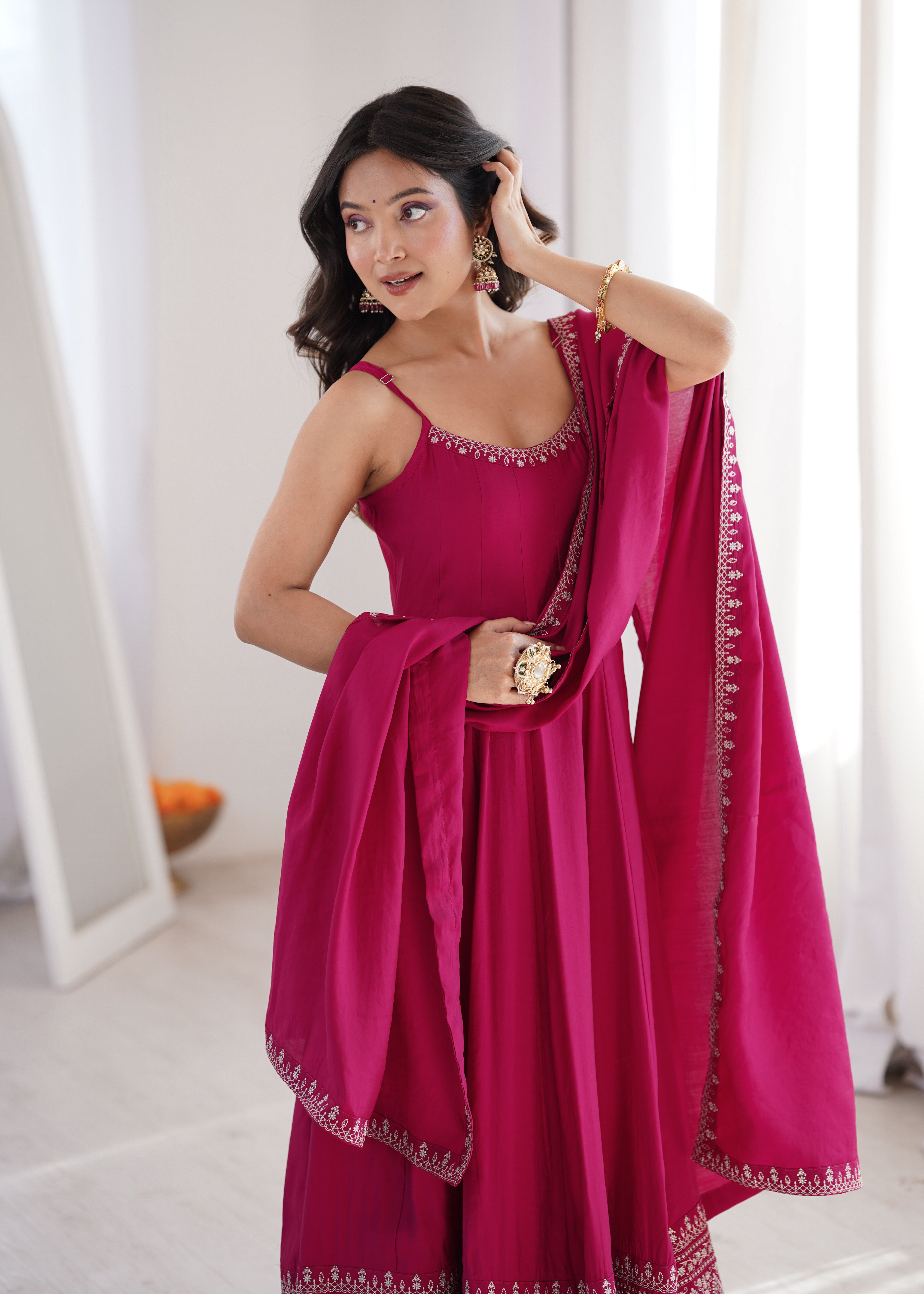 Premium Pure Romansilk Chanderi Flared Anarkali Gown Set