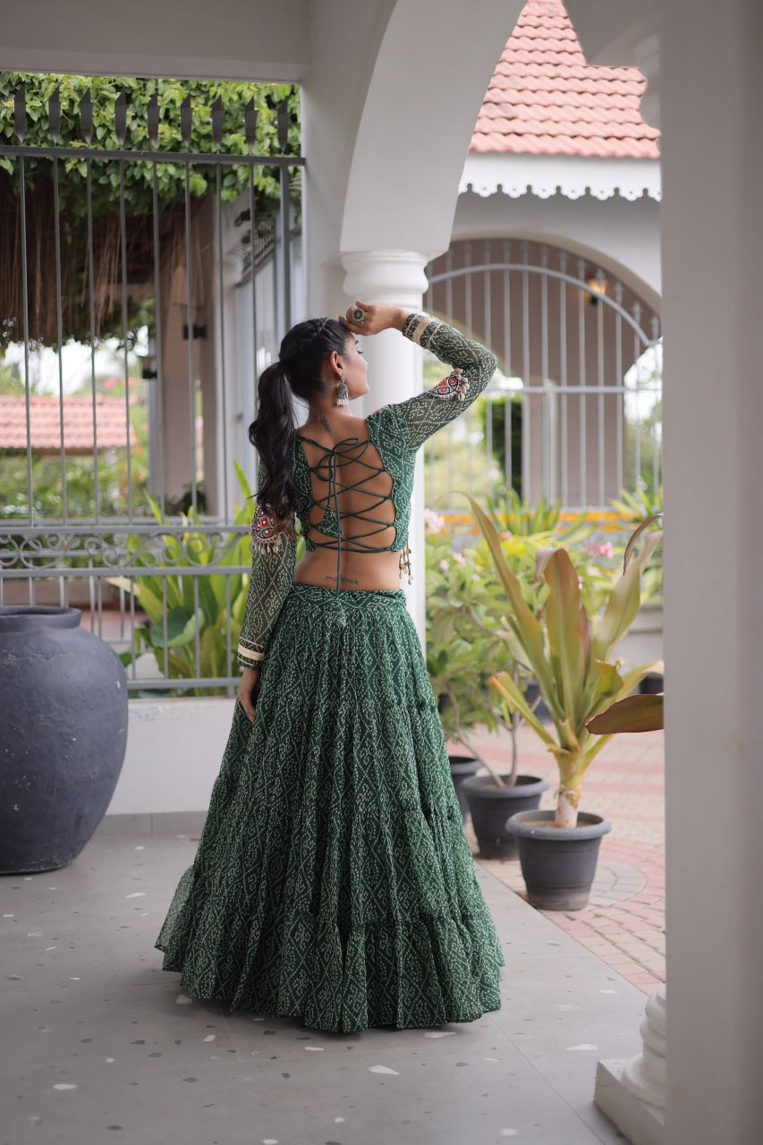 Premium Faux Georgette Bandhani Print Navratri Lehenga Choli with Kutchi Patchwork