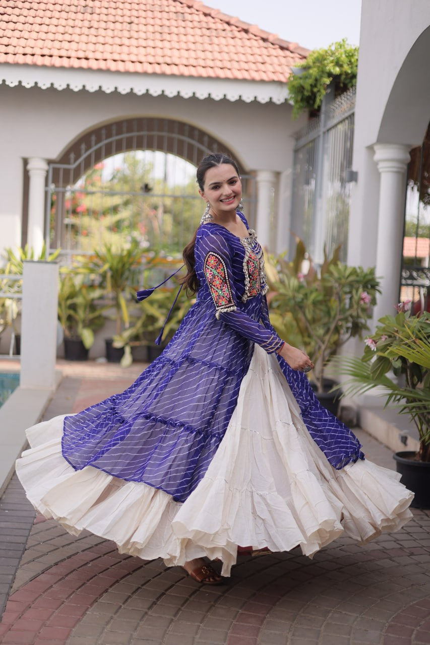 Premium Kora Cotton Navratri Lehenga with Laheriya Print & Kutchi Patchwork Kurti