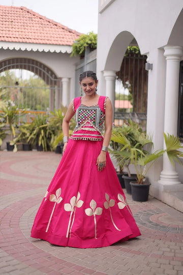 Premium Roman Silk Navratri Lehenga Choli with Pan-Patti Gota & Mirror Lace Work