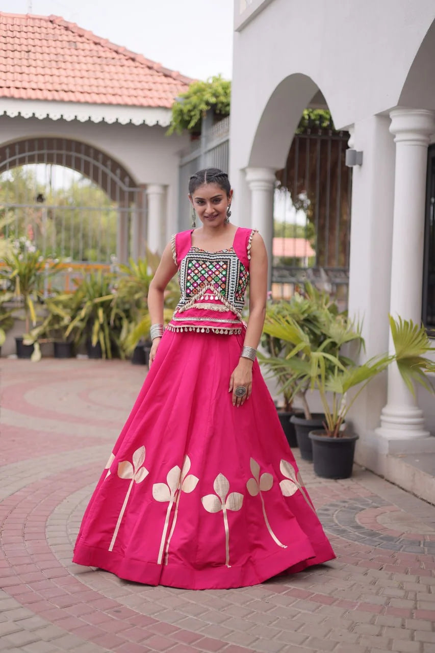 Premium Roman Silk Navratri Lehenga Choli with Pan-Patti Gota & Mirror Lace Work