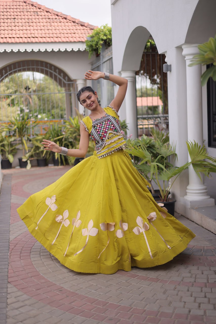 Premium Roman Silk Navratri Lehenga Choli with Pan-Patti Gota & Mirror Lace Work
