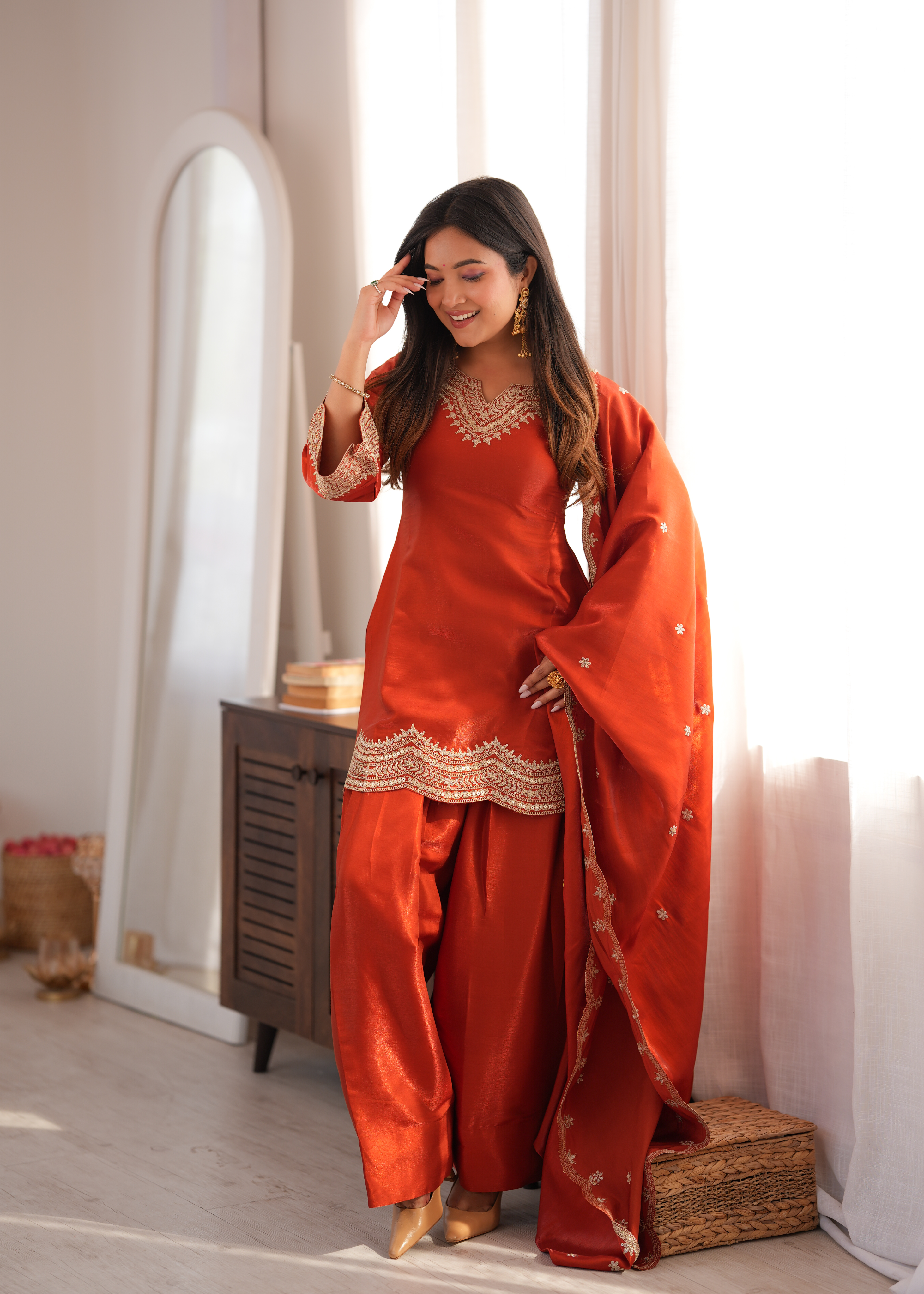 Premium Glass Roman Silk Embroidered Farshi Shalwar Set