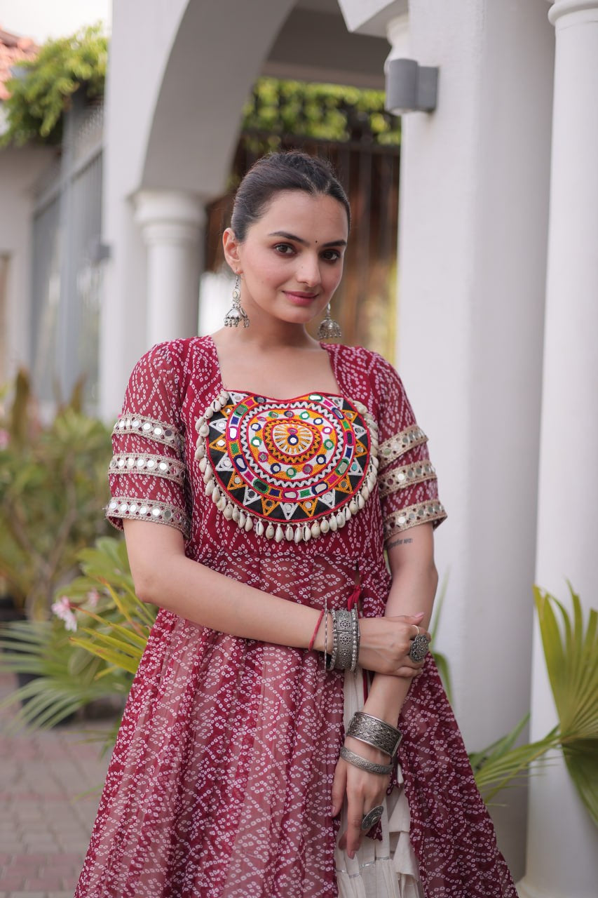 Premium Kora Cotton Navratri Lehenga with Bandhani Print & Kutchi Patchwork Kurti