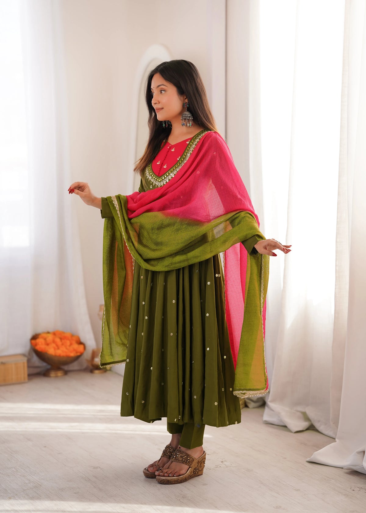 Premium Roman Silk Anarkali Gown with Embroidery, Sequin & Real Mirror Work