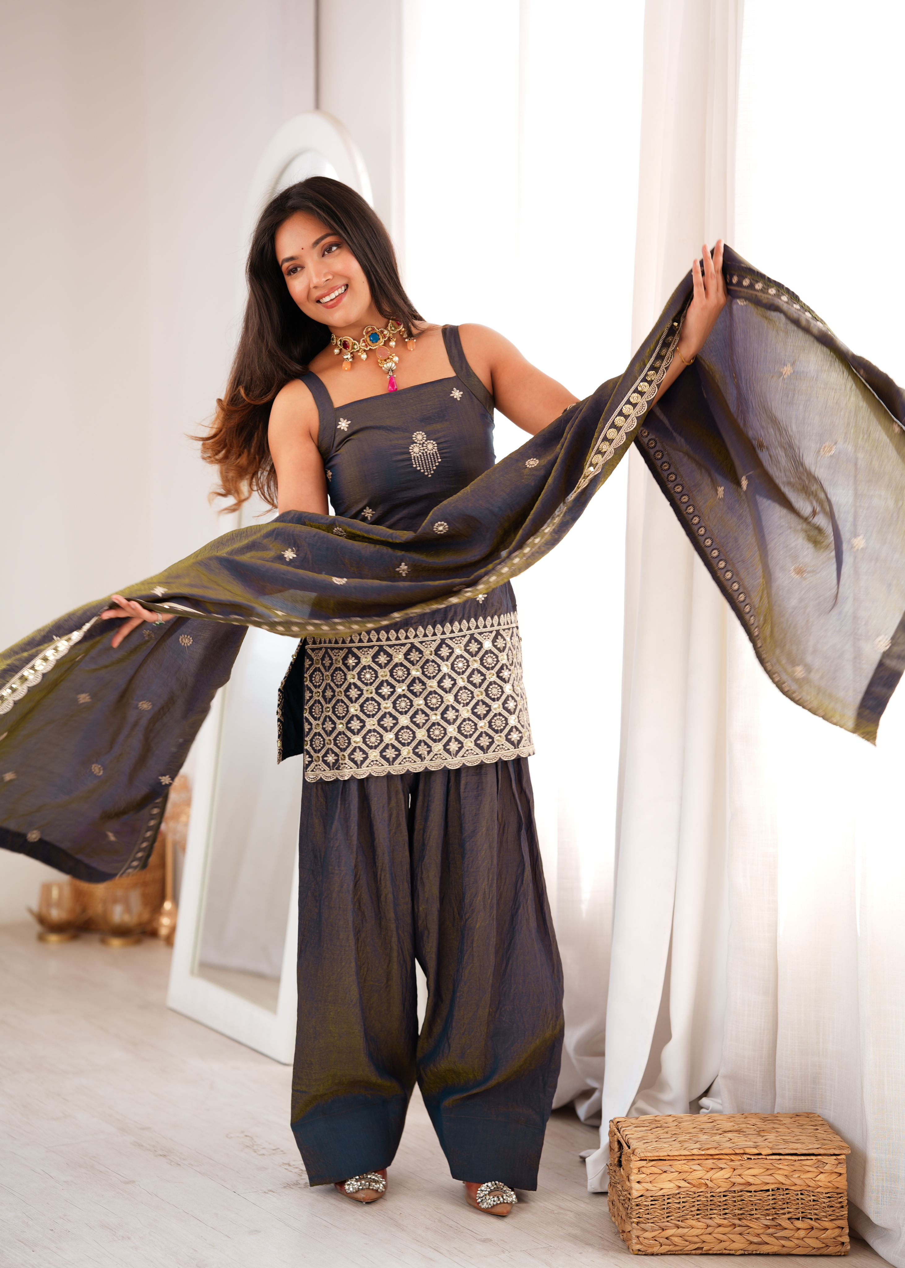 Premium NC Vichitra Silk Embroidered Farshi Shalwar Set